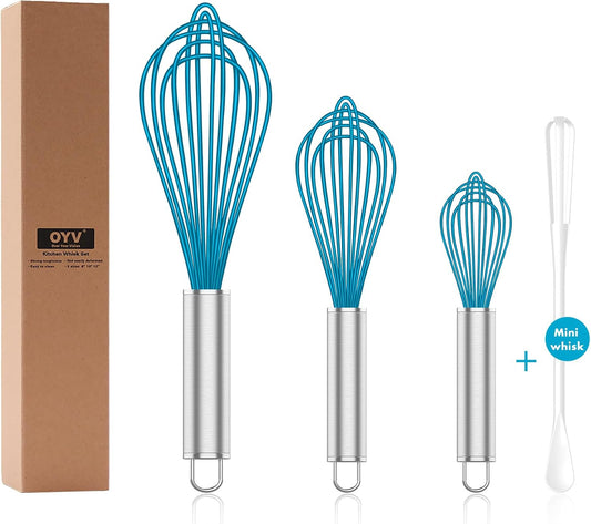 OYV Silicone Whisk,Heat Resistant 480°F Whisks For Cooking Non Scratch,Stainless Steel wired wisk,Plastic Rubber Whisk Tool For Nonstick Cookware Pans,Silicon Wisks Set of 4,Blue