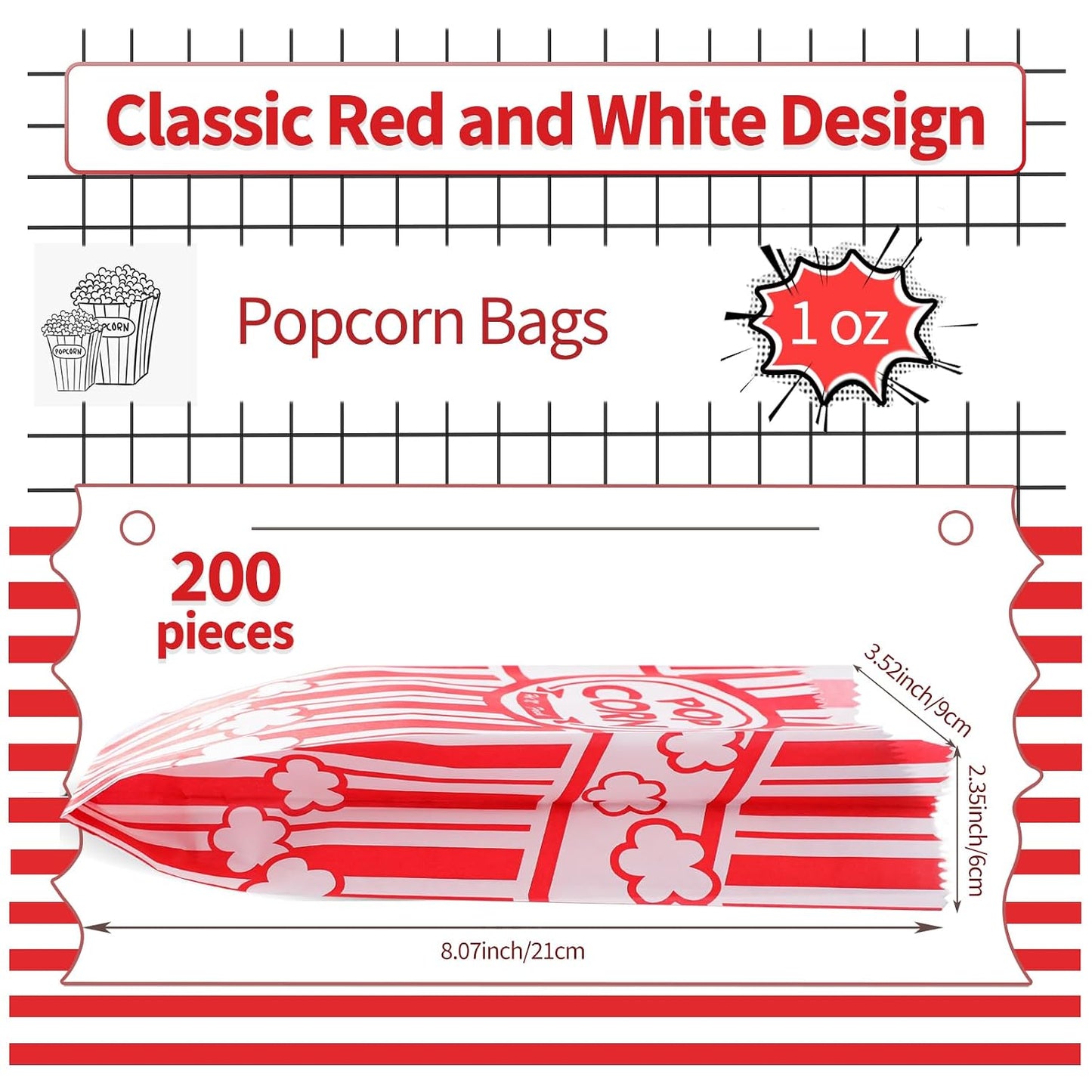 VOISEN Paper Popcorn Bags, 200 Pack, 1oz Individual Servings for Popcorn Machines