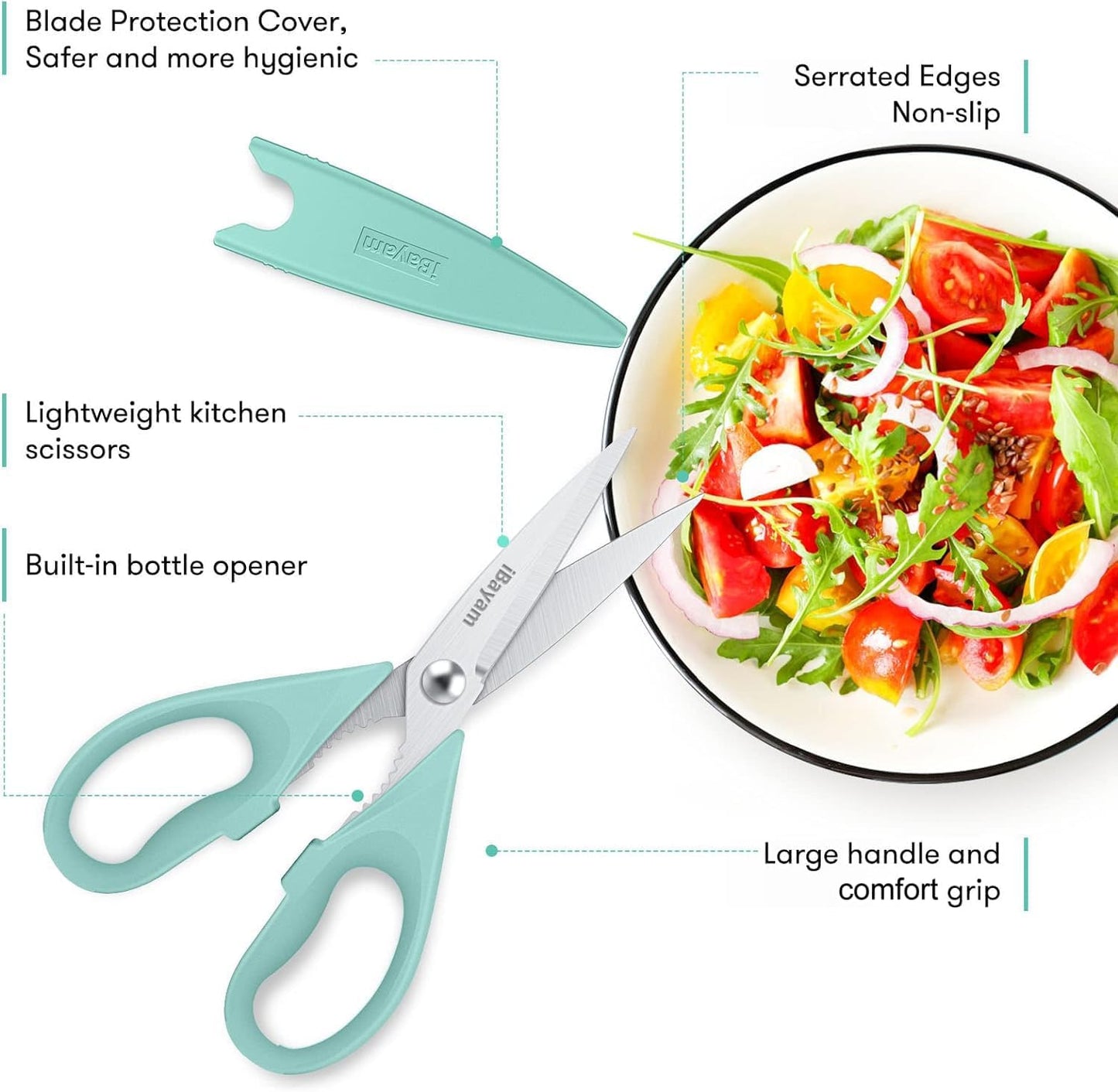 iBayam 2 Pack All Purpose Kitchen Scissors Shears Heavy Duty, Blade Covers | Stainless Steel Blade, Soft Comfort-Grip Handle, Dishwasher Safe, Food & Meat Scissors, Home, Kitchen, Dining Utility Gadgets