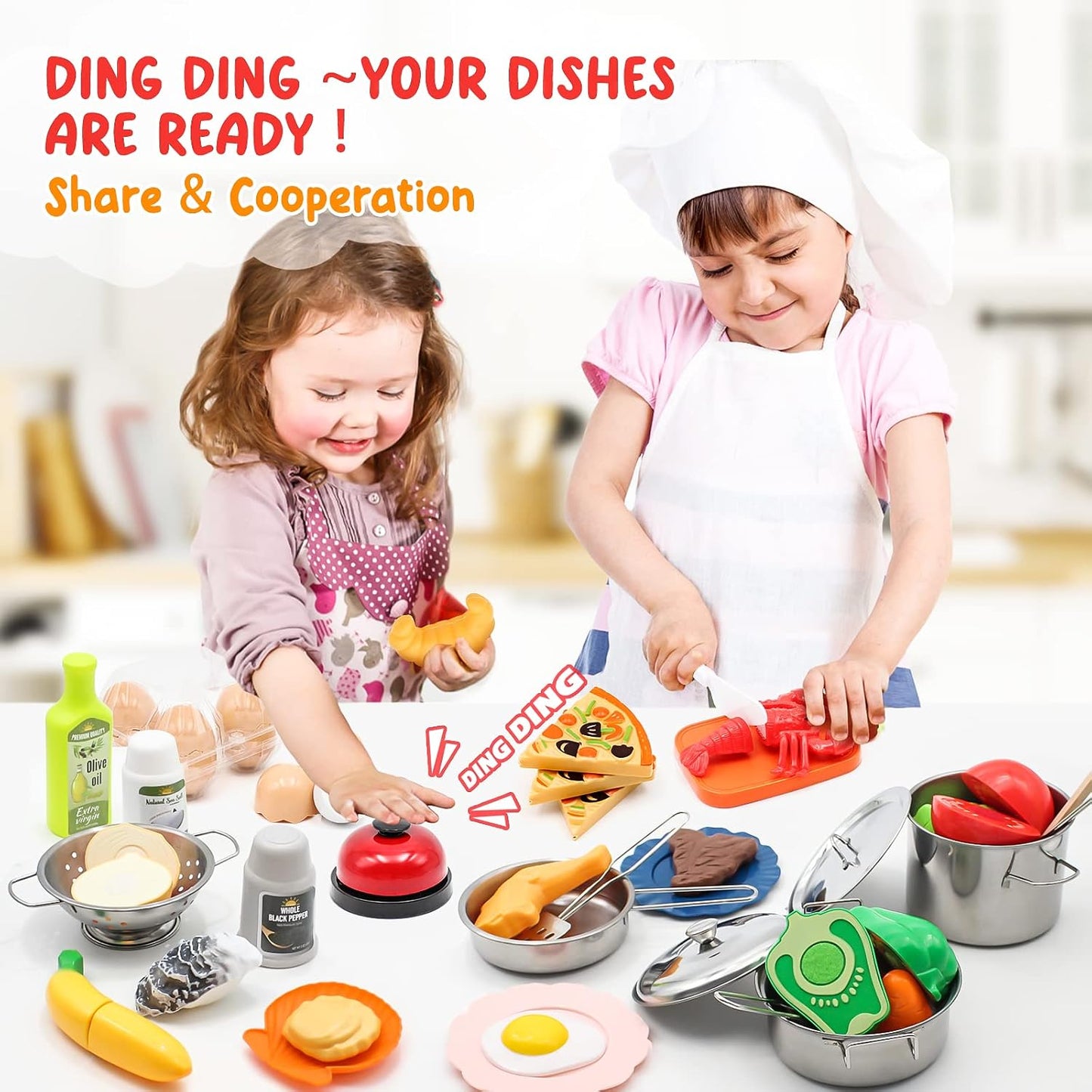 Kids Pretend Play Kitchen Accessories Set, 38Pcs Stainless Steel Play Pots Pans Sets for Kids, Toy Cookware Cooking Utensils Play Food Dish Toddler Kitchen Playset Gifts for Boys Girls