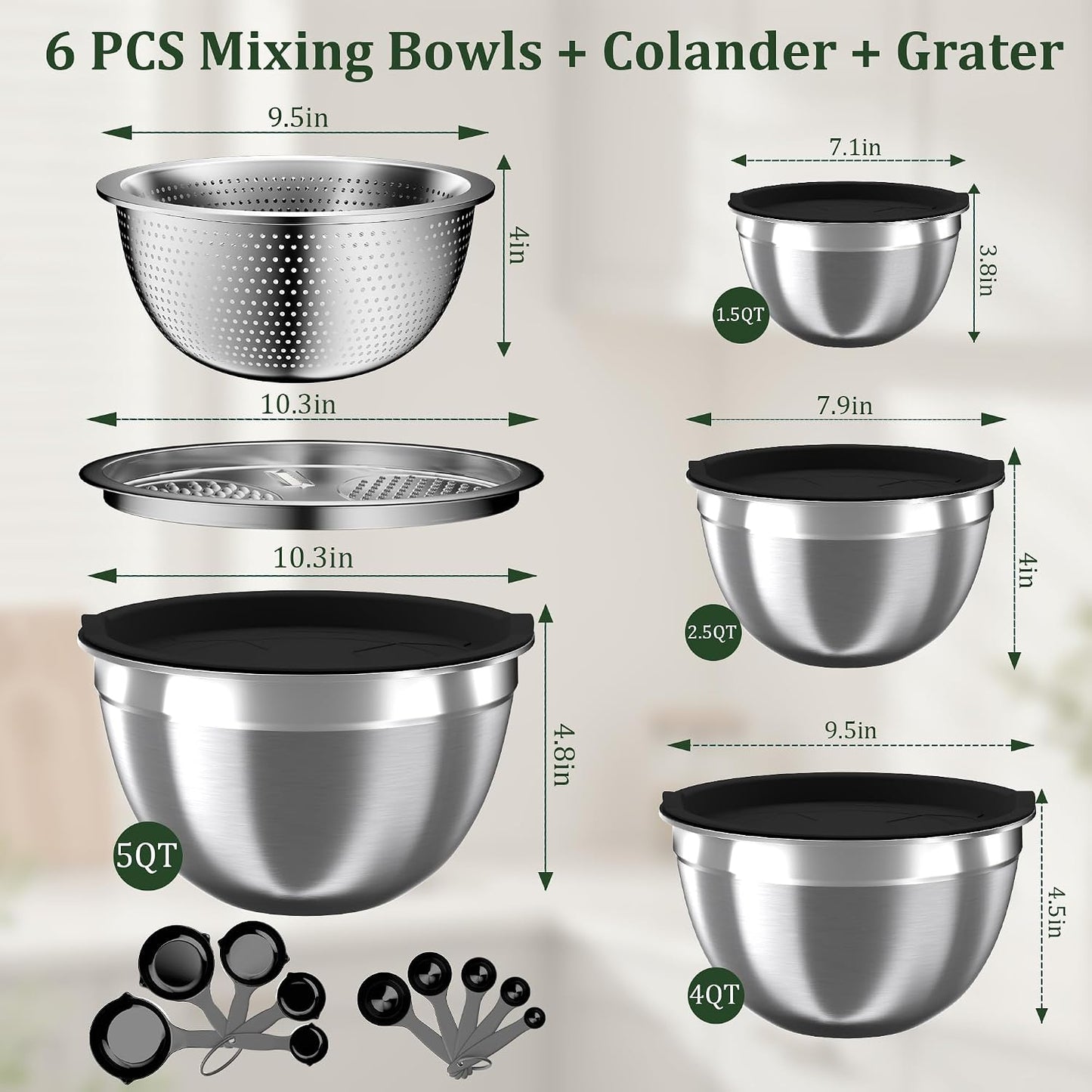 Nicdiet Mixing Bowls with Lids Set, 16PCS Stainless Steel Mixing Bowls,Nesting Storage Bowls for Kitchen with Mixing Bowl, Colander, Strainer & Grater, Metal Salad Bowl for Kitchen Gadgets, Black