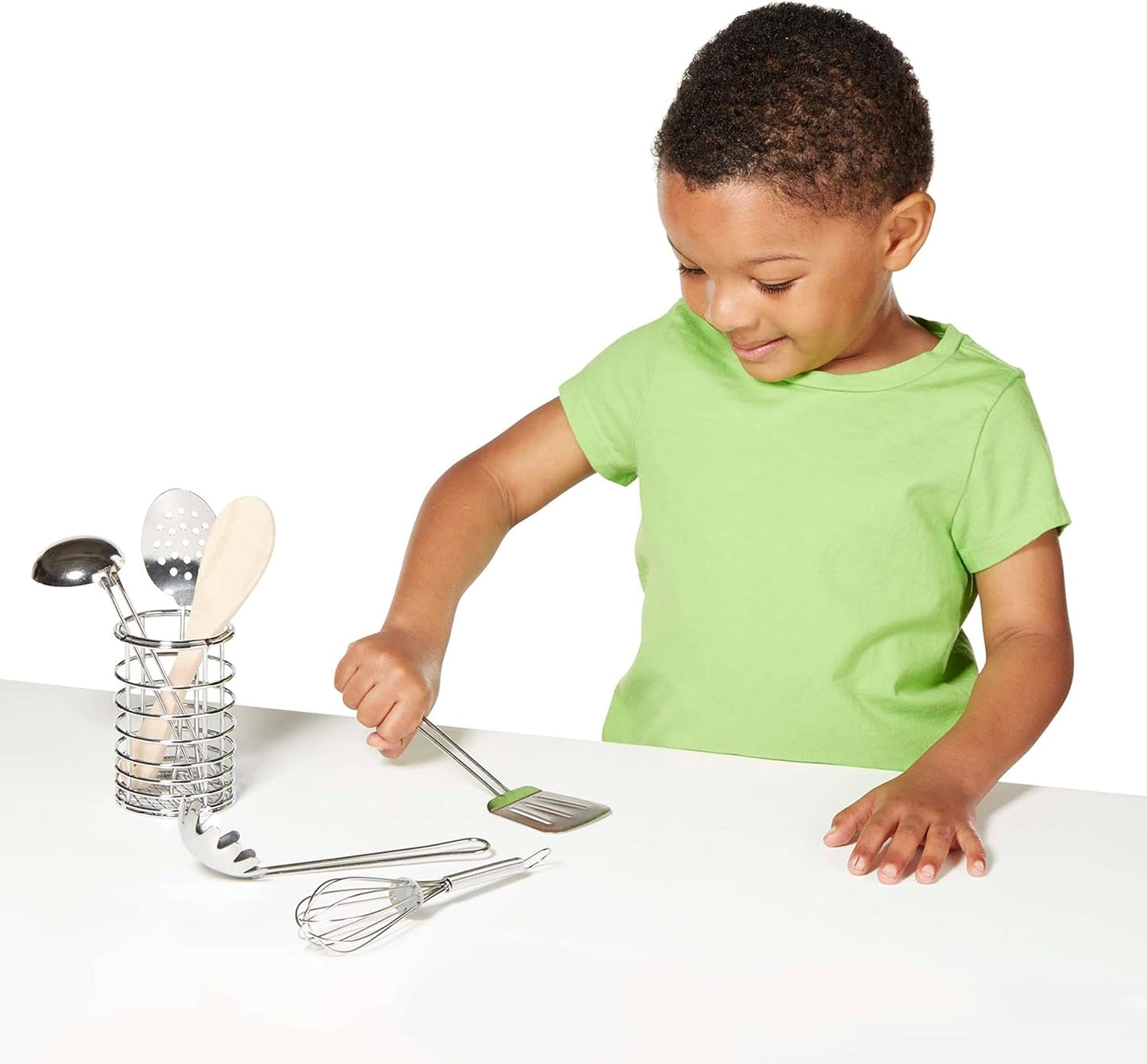 Melissa & Doug Stir & Serve Cooking Utensils (7 pcs) - Stainless Steel & Wooden Play Kitchen Accessories, Preschool Learning Toys for Girls & Boys 3+