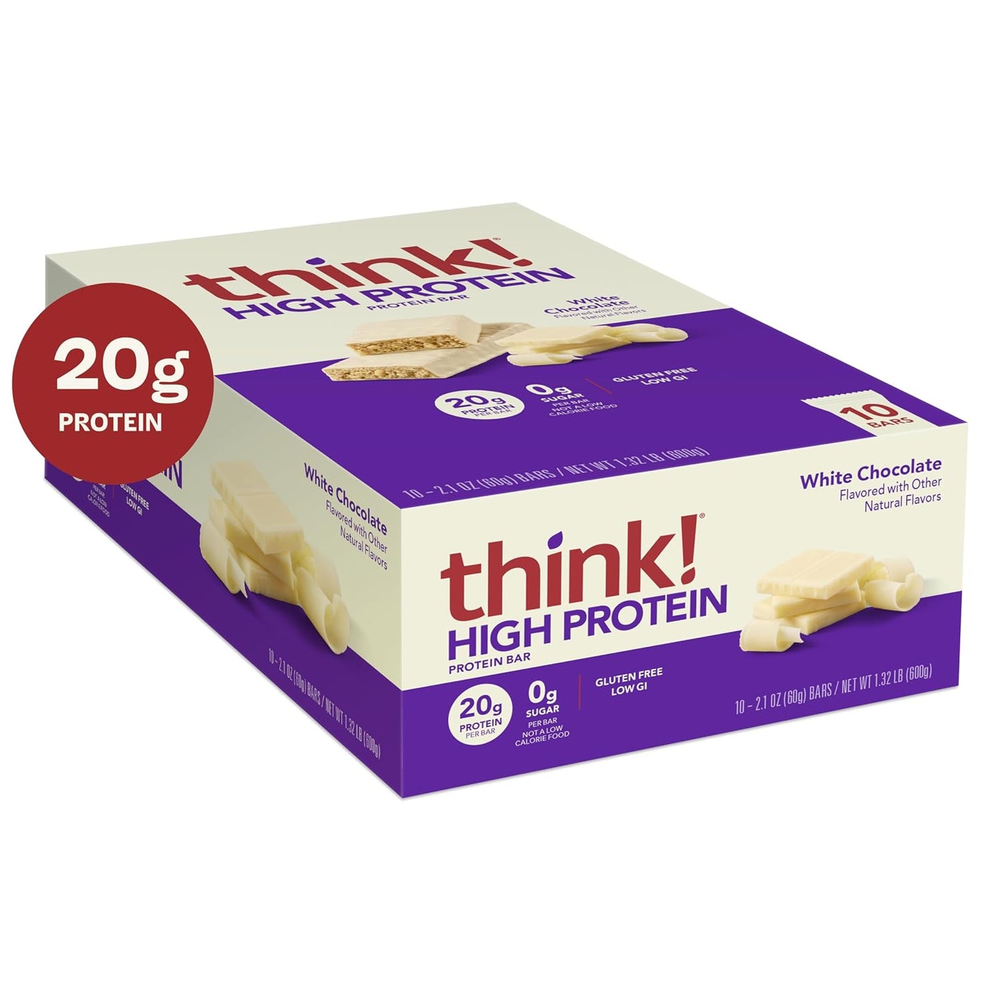 think! Protein Bars, High Protein Snacks, Gluten Free, Kosher Friendly, White Chocolate, Nutrition Bars, 2.1 Oz per Bar, 10 Count (Packaging May Vary)