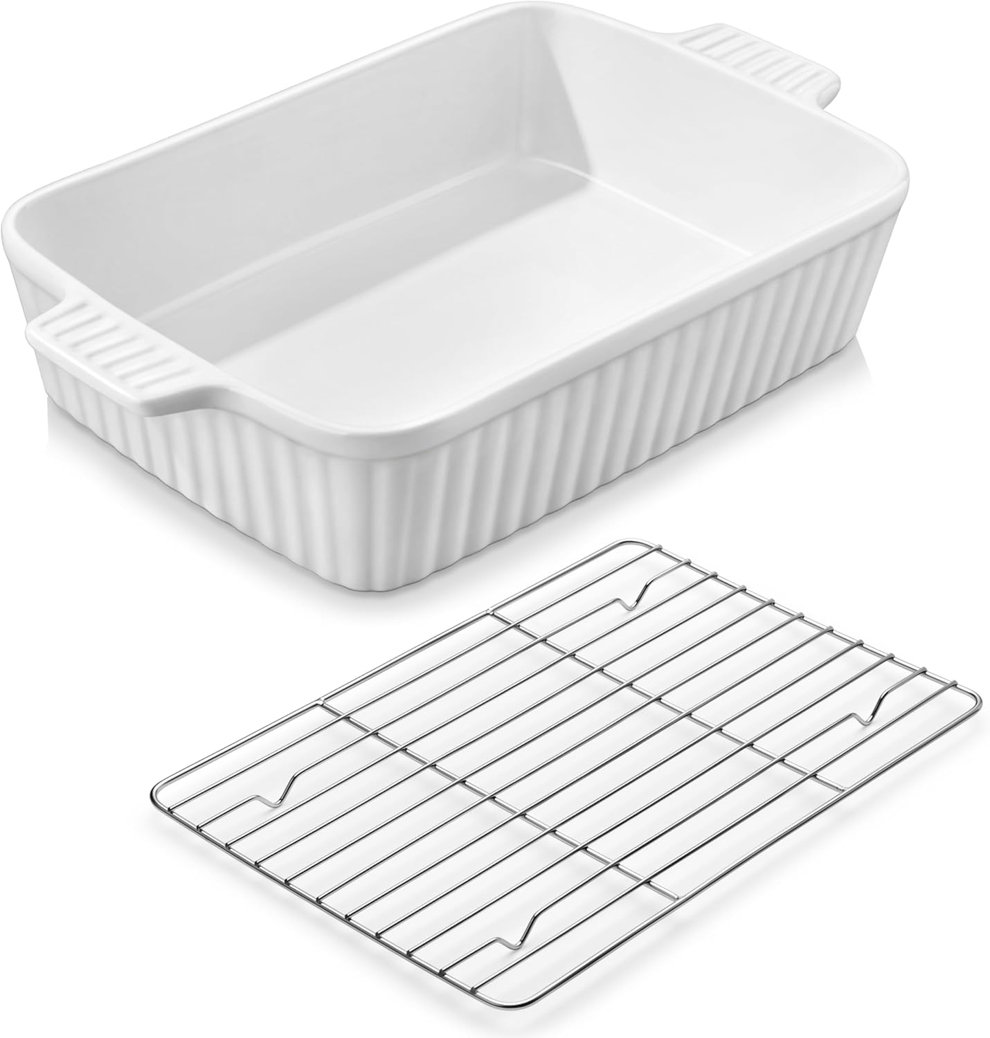 MALACASA 4.4QT Ceramic Casserole Dishes for Oven, 9x13 Baking Dishes, White | Rectangular Lasagna Pan with Handles, Ceramic Baking Dish, Deep Roasting Pan, Microwave and Dishwasher Safe, Wedding Gift