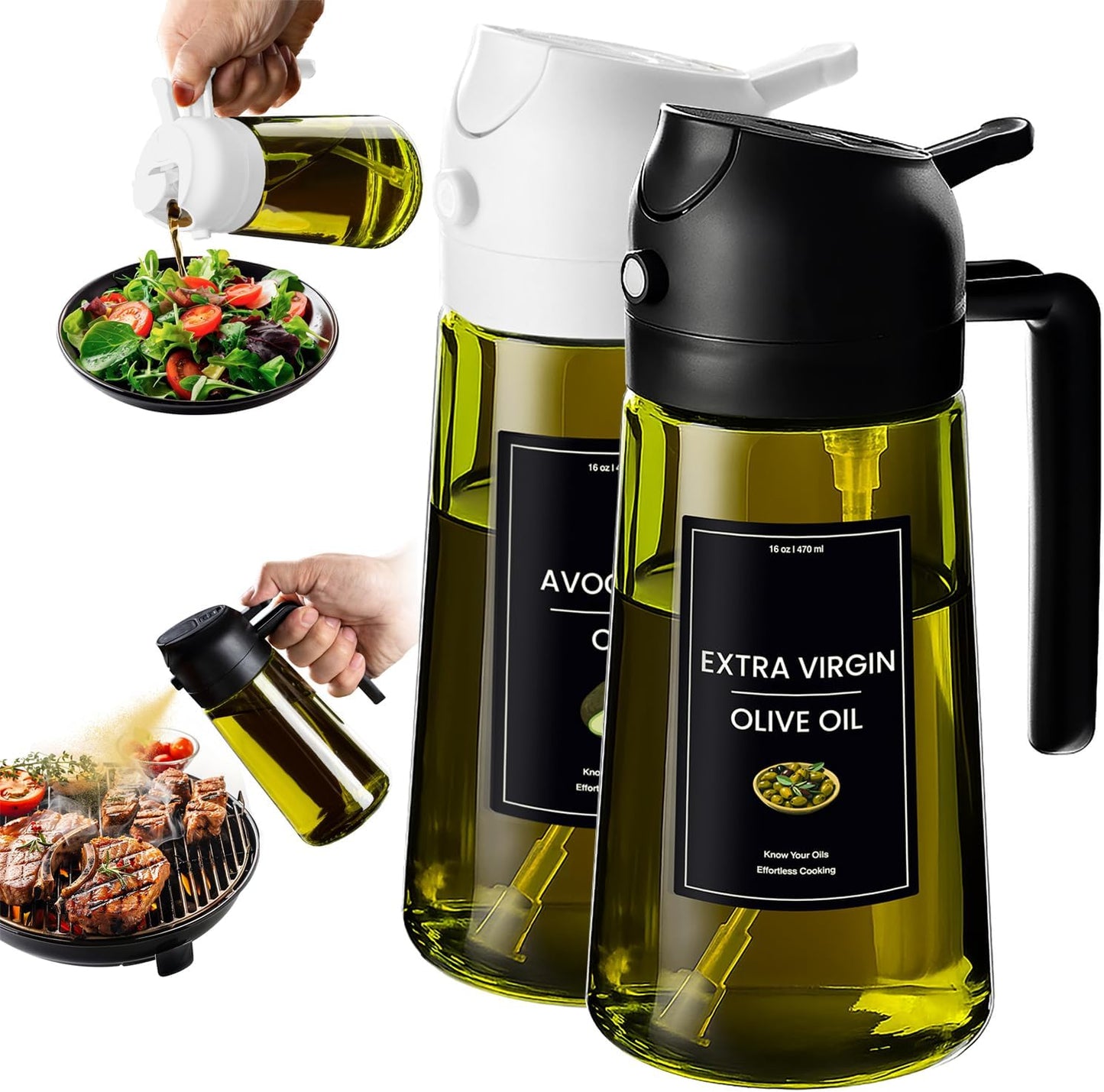 CXINYI - 16oz/470ml Olive Oil Dispenser for Kitchen with Stickers - 2 in 1 Olive Oil Sprayer for Cooking, Air Fryer, and Salad, Black&Green (Light-Proof Kitchen Gadget)