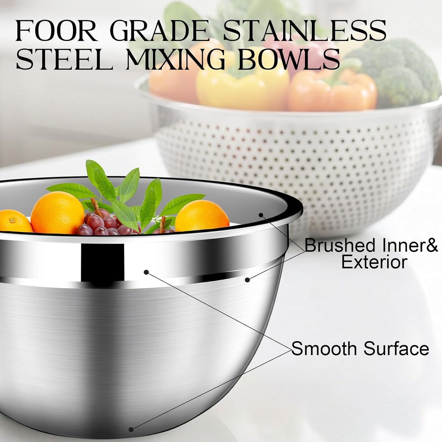 DUTZUN Mixing Bowls with Lids Set, Stainless Steel Mixing Bowls with Colander, Strainer with Mixing Bowl Set, Serving Bowl Kitchen Gift, Size 4.5, 2.5, 2, 1.5QT - Black