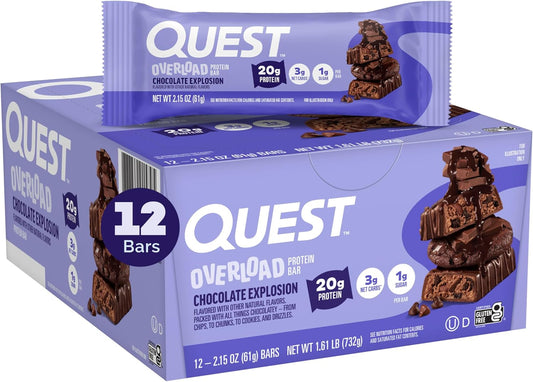 Quest Nutrition Overload Protein Bars, Chocolate Explosion, 12 Count, 20g Protein, 1g Sugar, 3g Net Carbs, Gluten Free