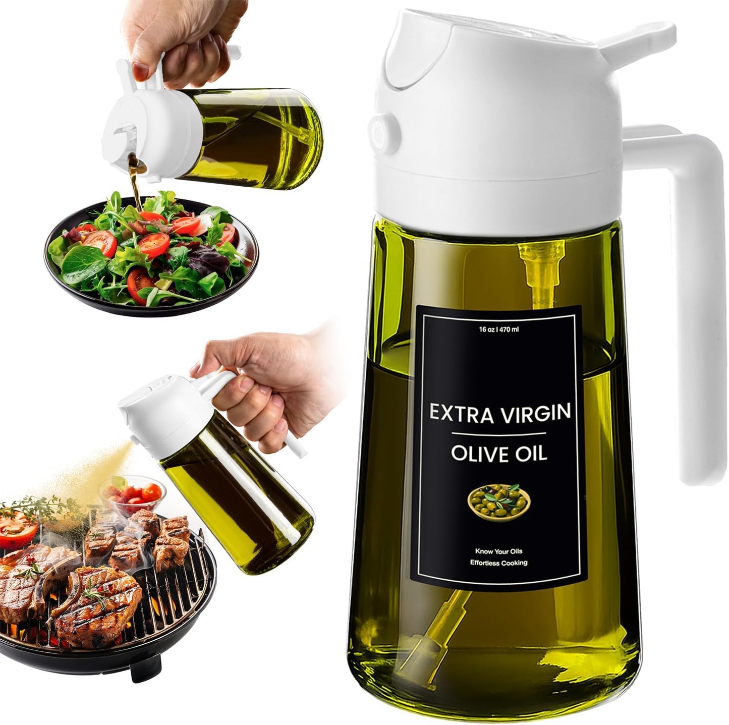 CXINYI - 16oz/470ml Olive Oil Dispenser for Kitchen with Stickers - 2 in 1 Olive Oil Sprayer for Cooking, Air Fryer, and Salad, Black&Green (Light-Proof Kitchen Gadget)