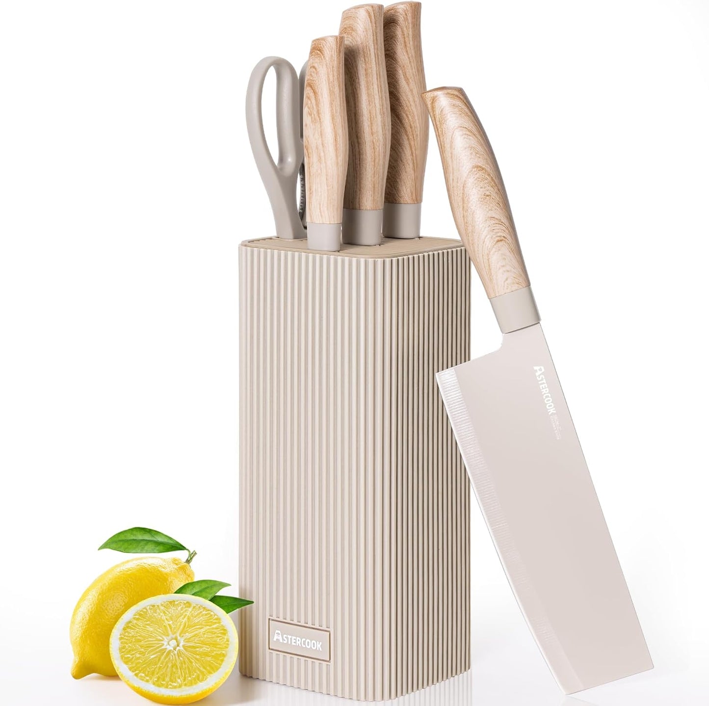 Astercook Knife Set, 6-Piece Kitchen Knife Set with Block, High Carbon Stainless Steel Ultra Sharp Kitchen Knives, Wood Grain Handle, Dishwasher Safe Knife Block Set, Black, Kitchen Utility Knives