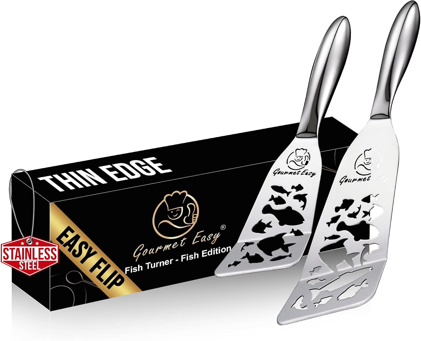 Gourmet Easy Fish Spatula Set, Ultra-Thin Edge for Easy Turning & Flipping | Stainless Steel, Kids Friendly, Ergonomic Non-Slip Grip for Secure Control, Versatile Use, Dishwasher Safe, 5-Year Warranty