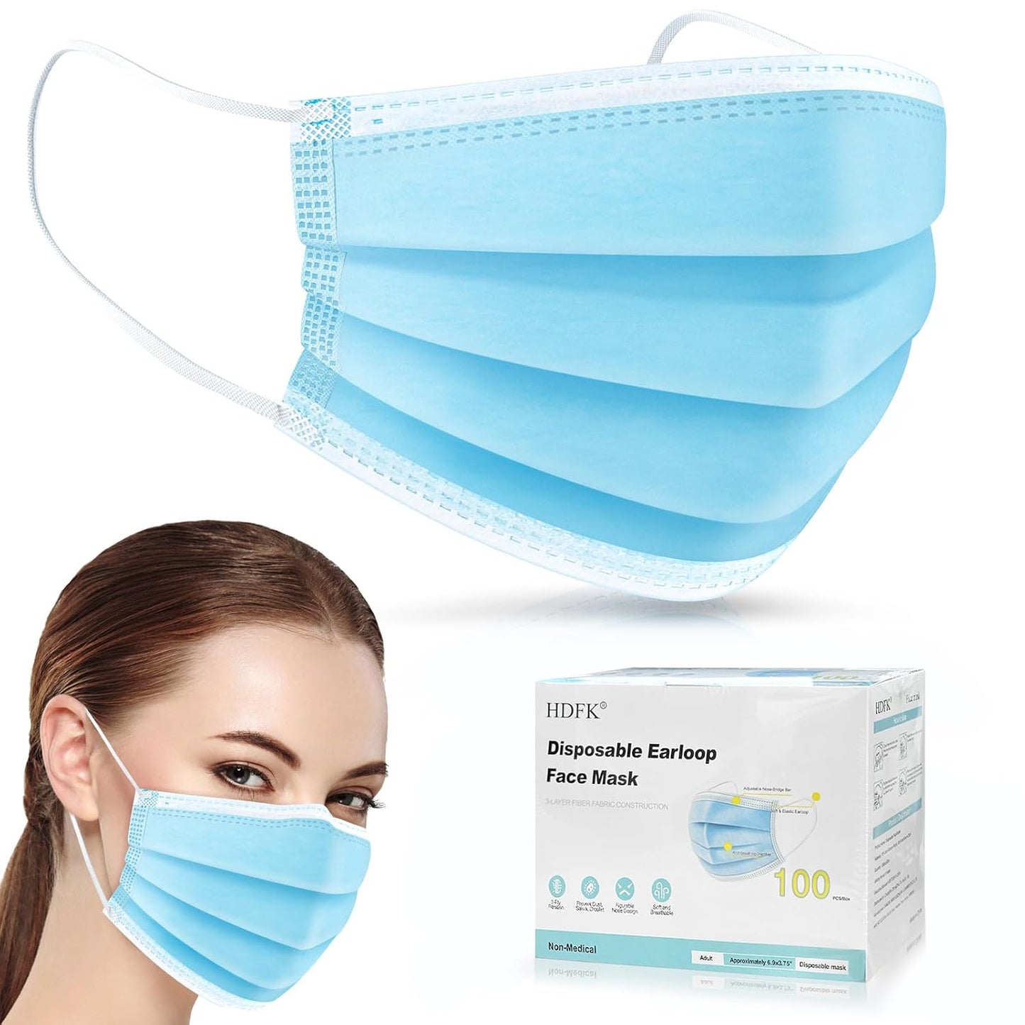HDFK 3Ply Non-Woven Face Mask Disposable Adults Blue 50Pack with Nose Clip