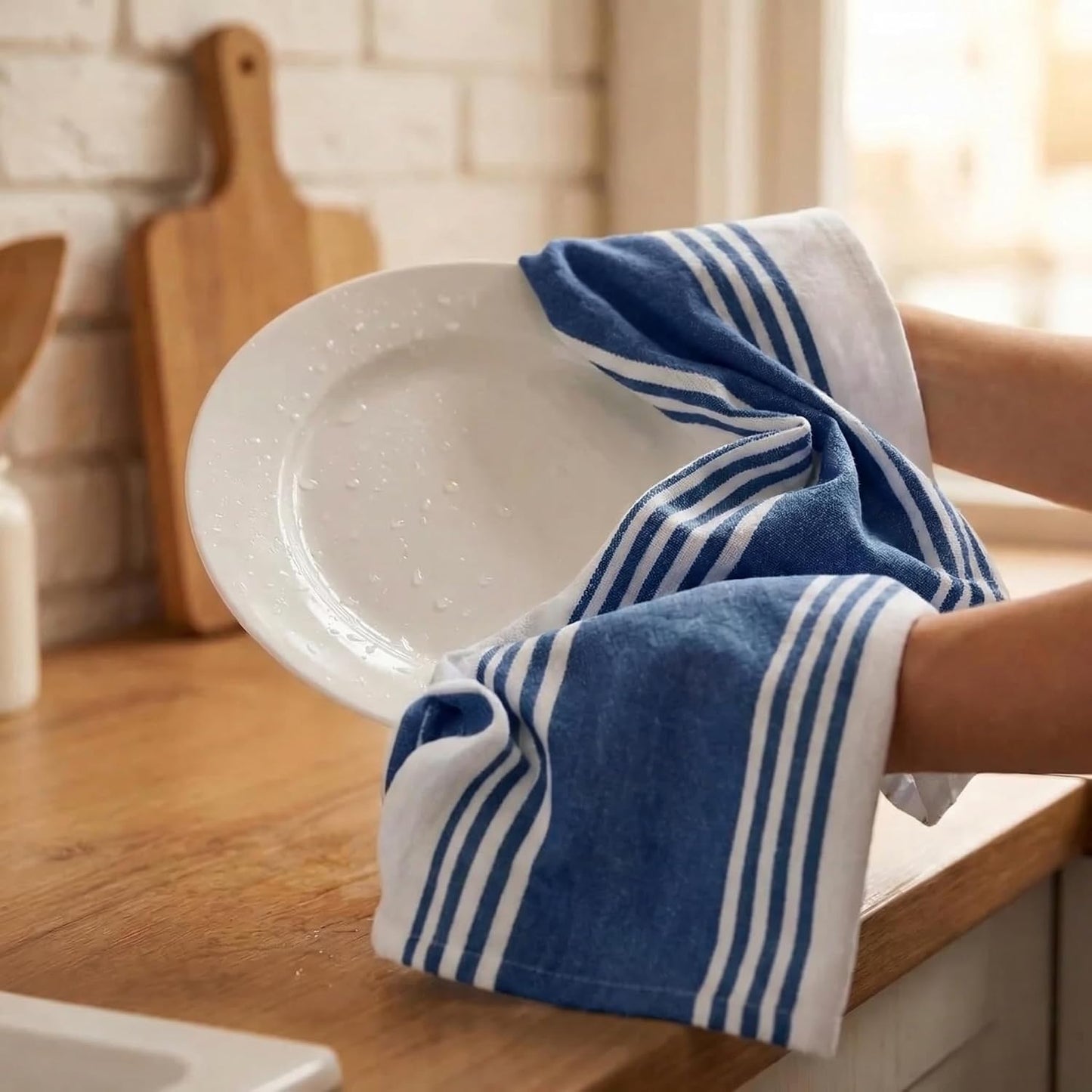 Urban Villa Kitchen Towels 100% Cotton Dish Towels for Kitchen (Set of 6) 20”x30” Dish Cloths Highly Absorbent Kitchen Linen Set with Hanging Loop Perfect for Drying Dishes Cleaning Towels-Blue White