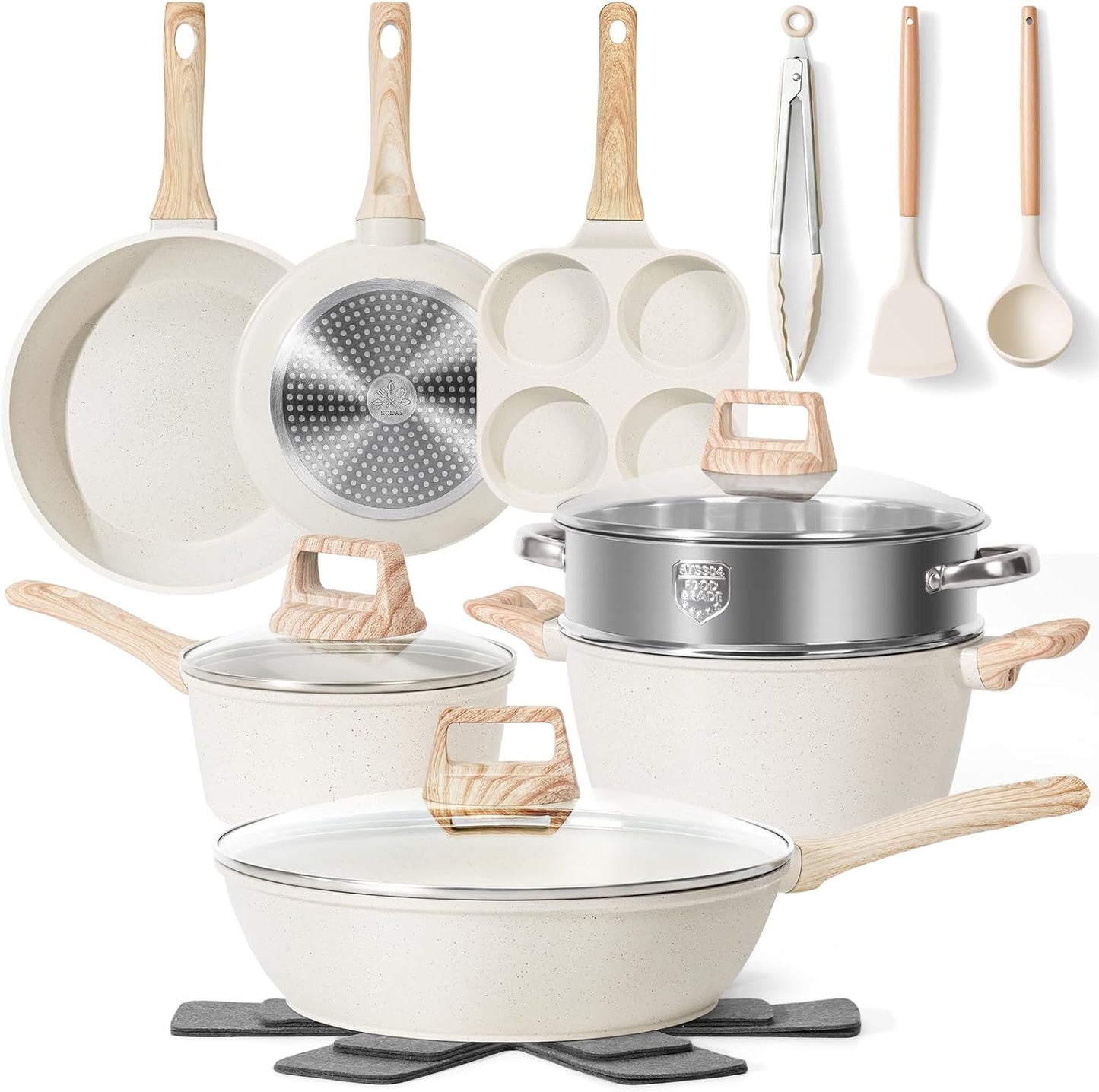 SODAY Pots and Pans Set Non Stick, 12Pcs Black Granite Induction Cookware | PFAS/PFOA/PFOS Free, Healthy Nonstick Kitchen Cookware Sets, Includes Fry Pans & Saucepans.