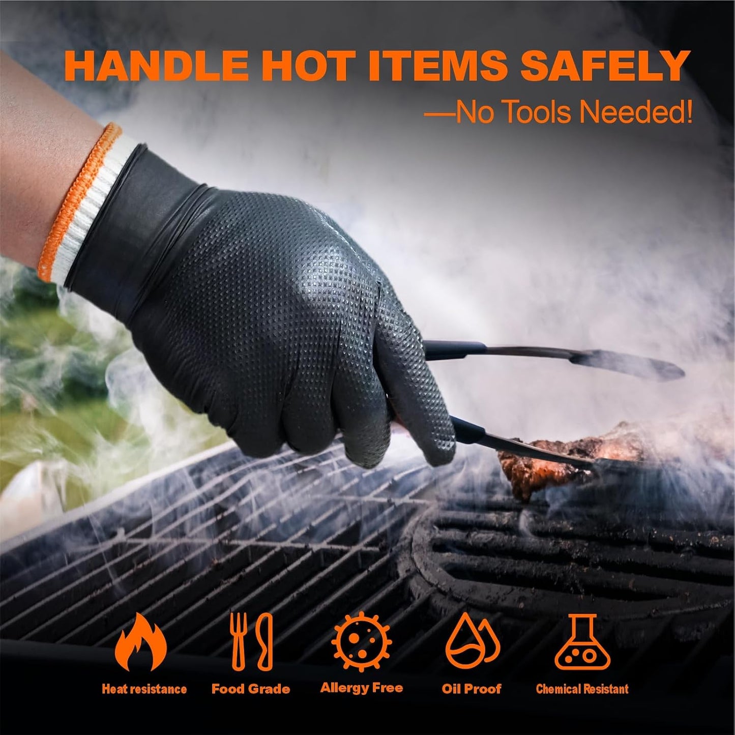 ANBOSON BBQ Gloves Disposable, Heat Resistant Grilling Gloves for Cooking | 10Mil Heavy Duty Nitrile Gloves-100Ct &4 Cotton Liners for Meat Handling Smoker for Hot Food Prep,Non-Slip Grip,Large,Black