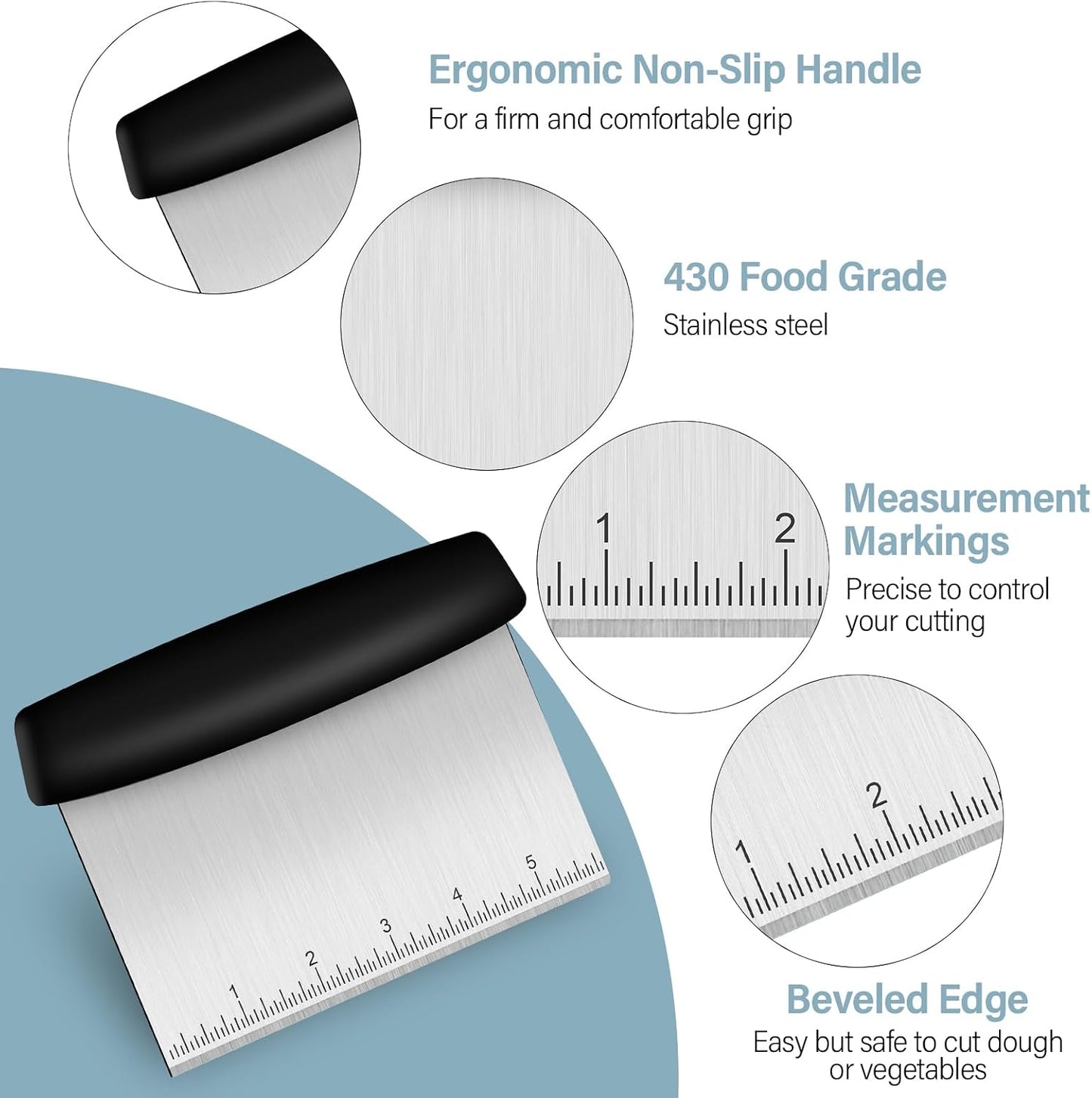 Ecavria Bench Scraper, Premium Stainless Steel Dough Scraper with 2 PCS Flexible Bowl Scraper, Dough Cutter with Measuring Scale, Versatile Kitchen Scraper Set for Pastry Bread Pizza Cake