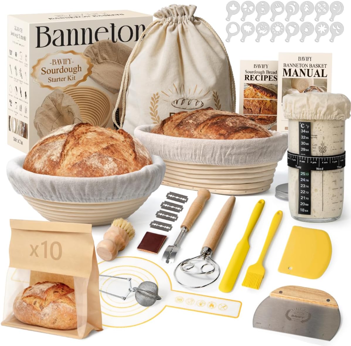 BAVIFY Sourdough Starter Kit, Banneton Bread Proofing Baskets Set | Complete Sourdough Bread Baking Supplies, Beginner Friendly Bread Making Kit, 9 in Round and 10 in Oval Rattan Banneton