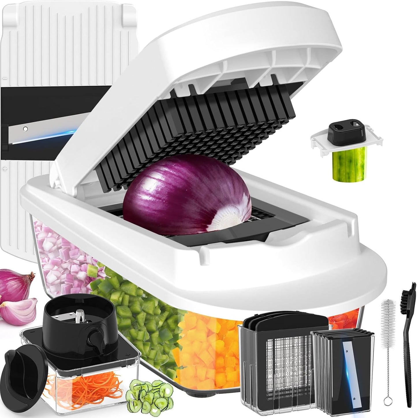8 Blade All-in-1 Vegetable Chopper Mandoline Slicer with Container, Food Chopper, Onion Chopper, Veggie Cutter for Salad, Kitchen Gadgets Accessories Essentials, White