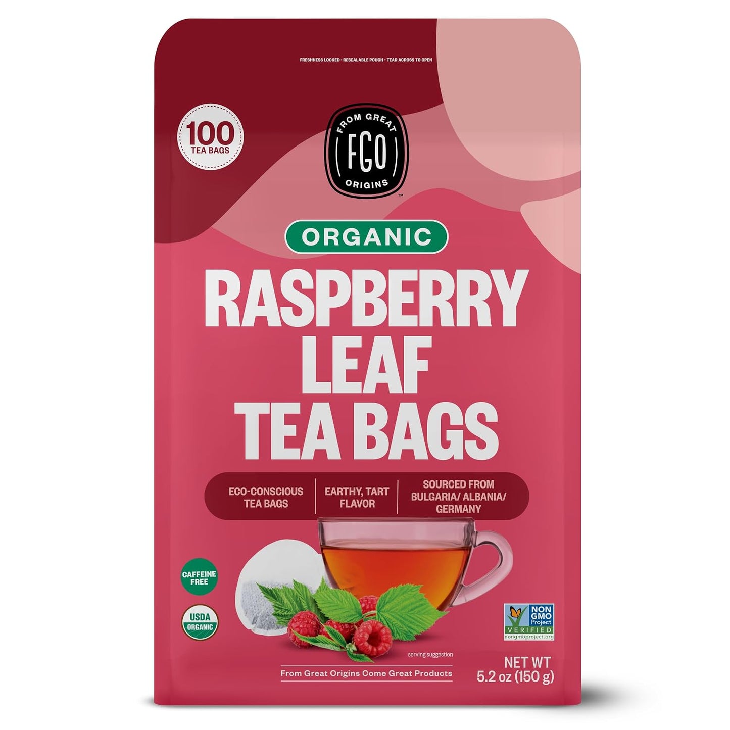 FGO Organic Red Raspberry Leaf Tea Bags, 100 Eco-Conscious Tea Bags, Caffeine Free, Imported from Germany