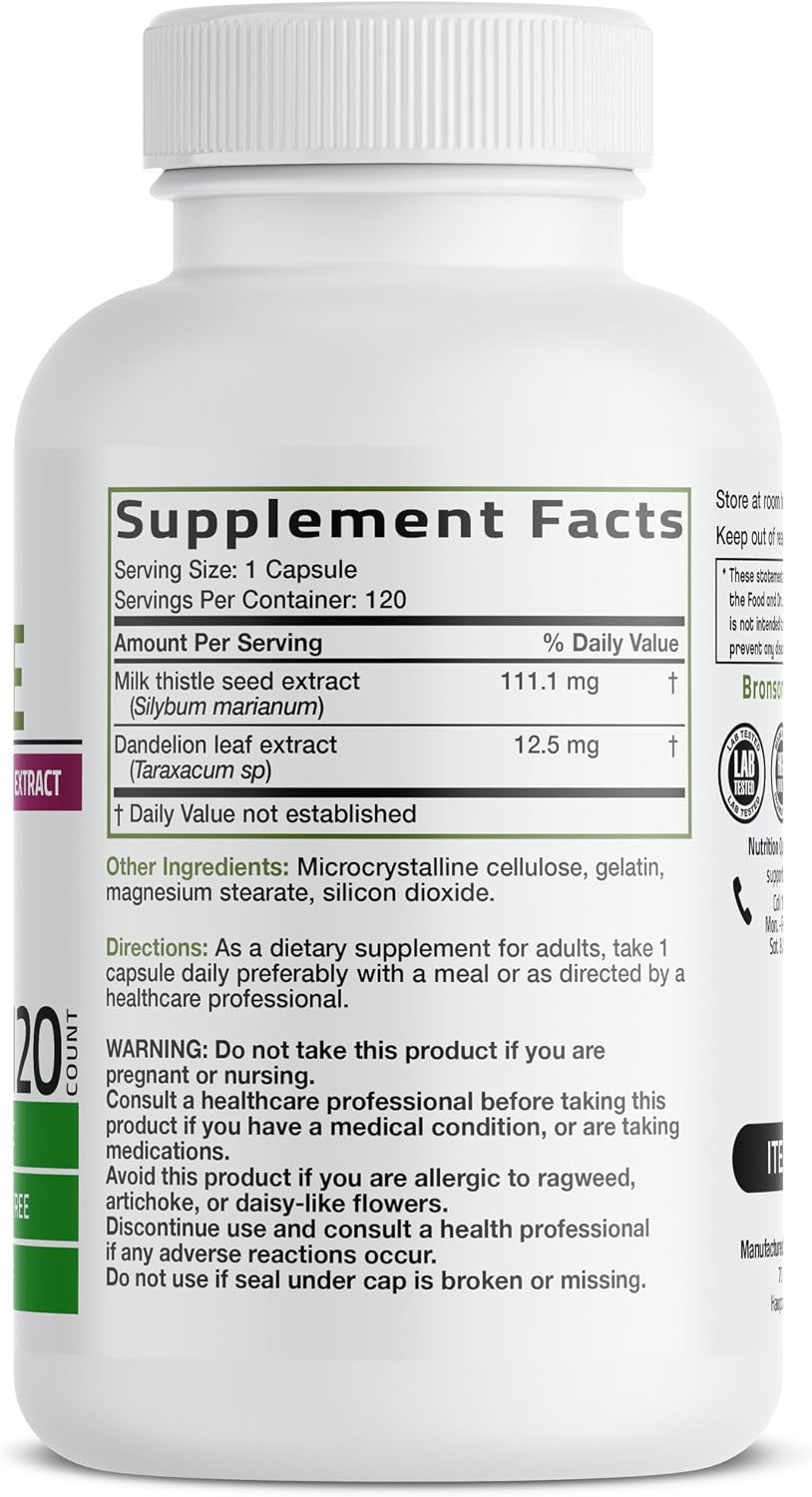 Bronson Milk Thistle Silymarin Marianum & Dandelion Extract Liver Health Support, Antioxidant Support, Detox, 120 Capsules
