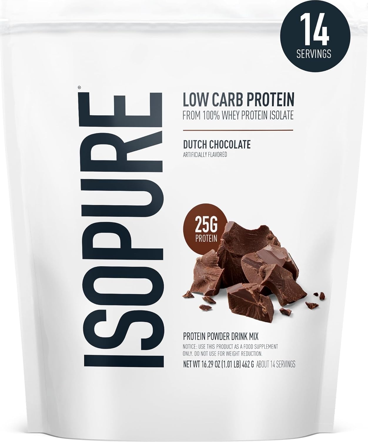 Isopure Low Carb 100% Pure Whey Isolate Protein Powder, Gluten Free, With Vitamins, Dutch Chocolate, 25g Protein Per Serving, 1 Lb, 14 Servings (Packaging May Vary)