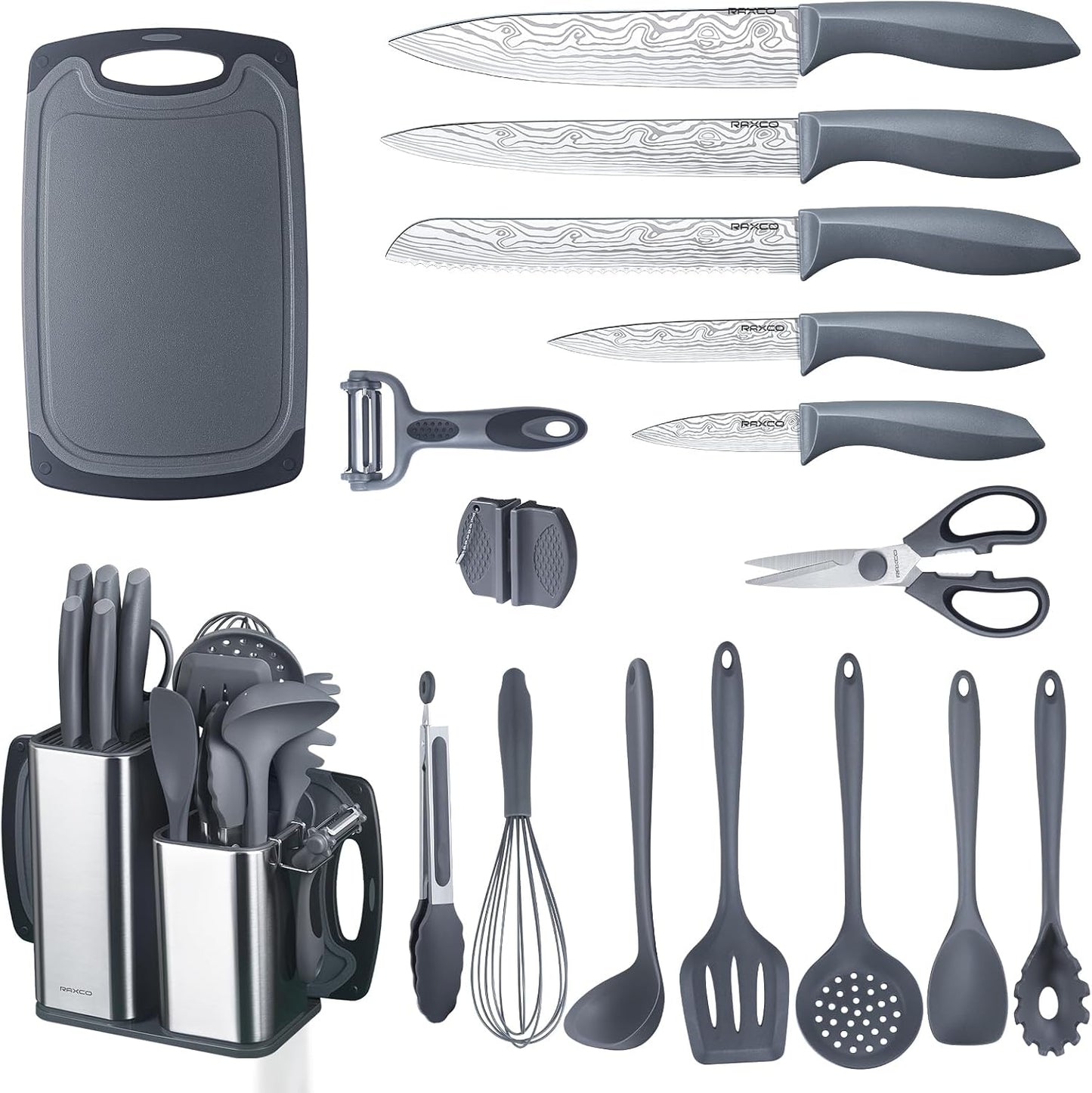 RAXCO Kitchen Utensils Set,18-Piece Cooking Utensils and Knife Set,Black | Food-grade Silicone Heat-safe to 410°F, Detachable Stainless Steel Holder, 5 Kitchen Knives and Cutting Board All-in-one
