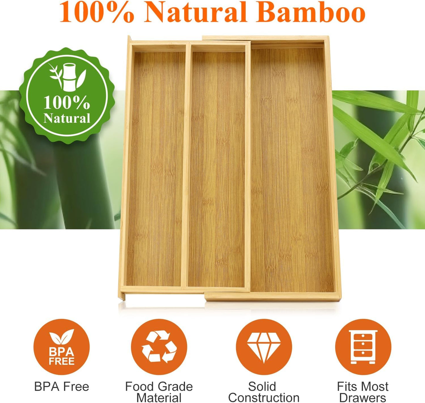 Large Bamboo Kitchen Utensil Drawer Organizer Expandable Silverware Tray | Big Cooking Utensil Drawer Divider Spoon Flatware Organizer Storage Adjustable Wooden Cutlery Holder Tool Knife Spatula Tray