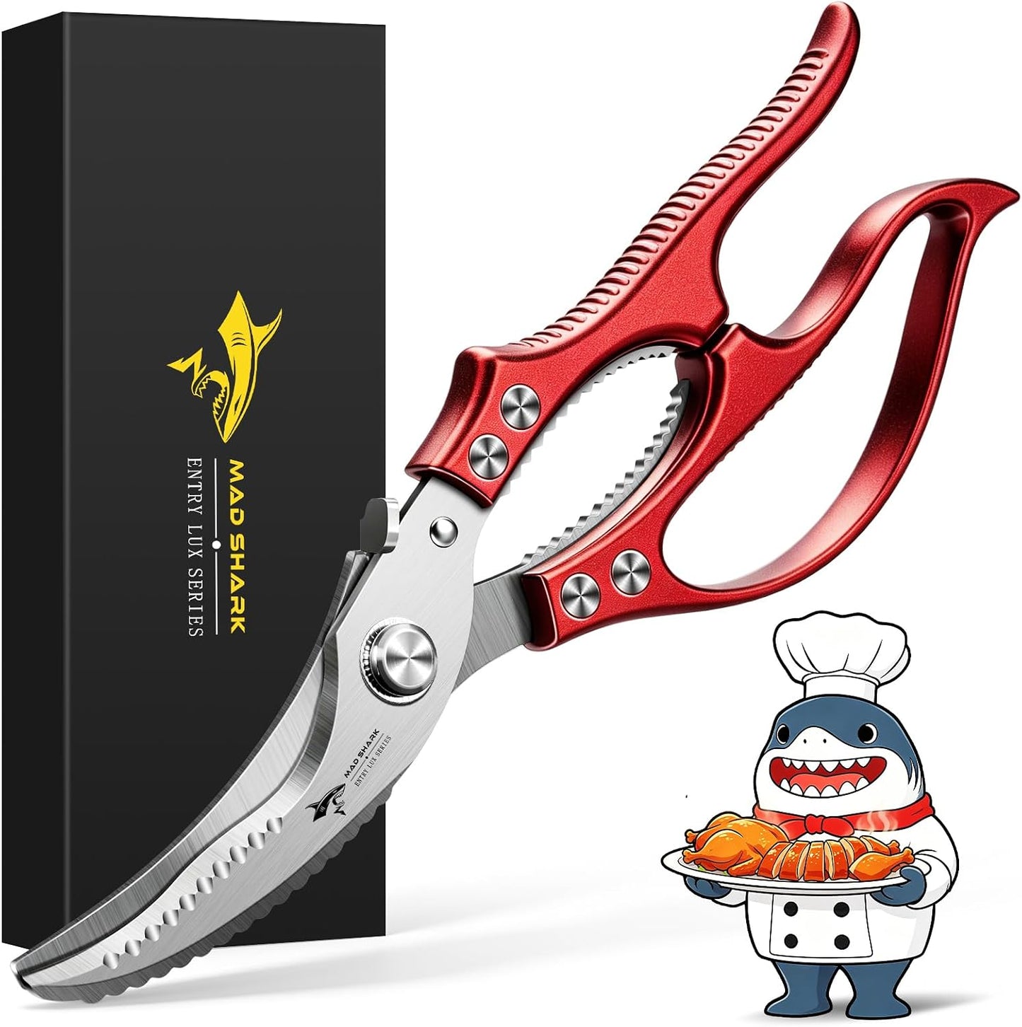 MAD SHARK Heavy Duty Poultry Shears,Spring Loaded Kitchen Shears,Dishwasher | Non-Slip Handle Kitchen Shears, Safety Lock, All Purpose Kitchen Scissors for Chicken, Meat Cutting, Turkey, Fish, Vegetables