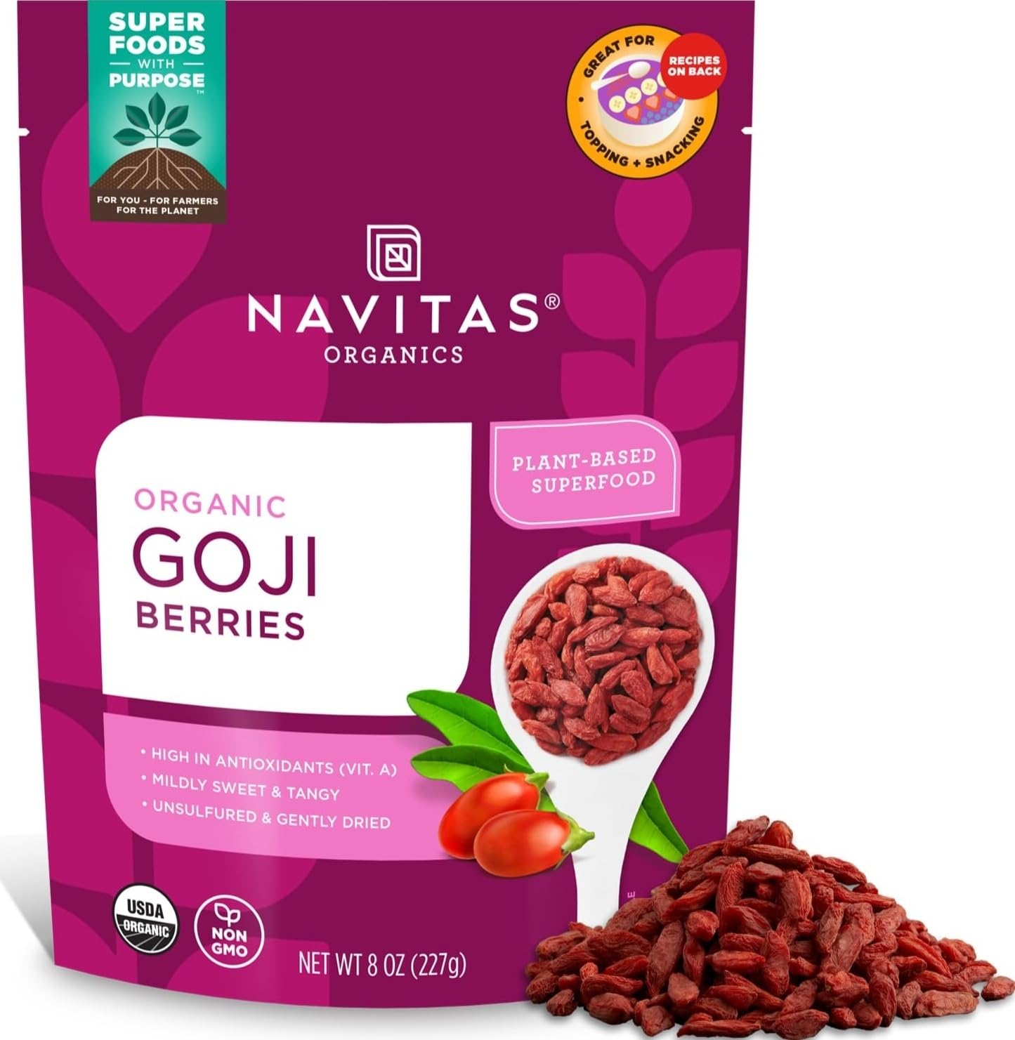 Navitas Organics Goji Berries, 8oz Bag, 8 Servings, USDA Organic, Non GMO, Gluten Free, Vegan