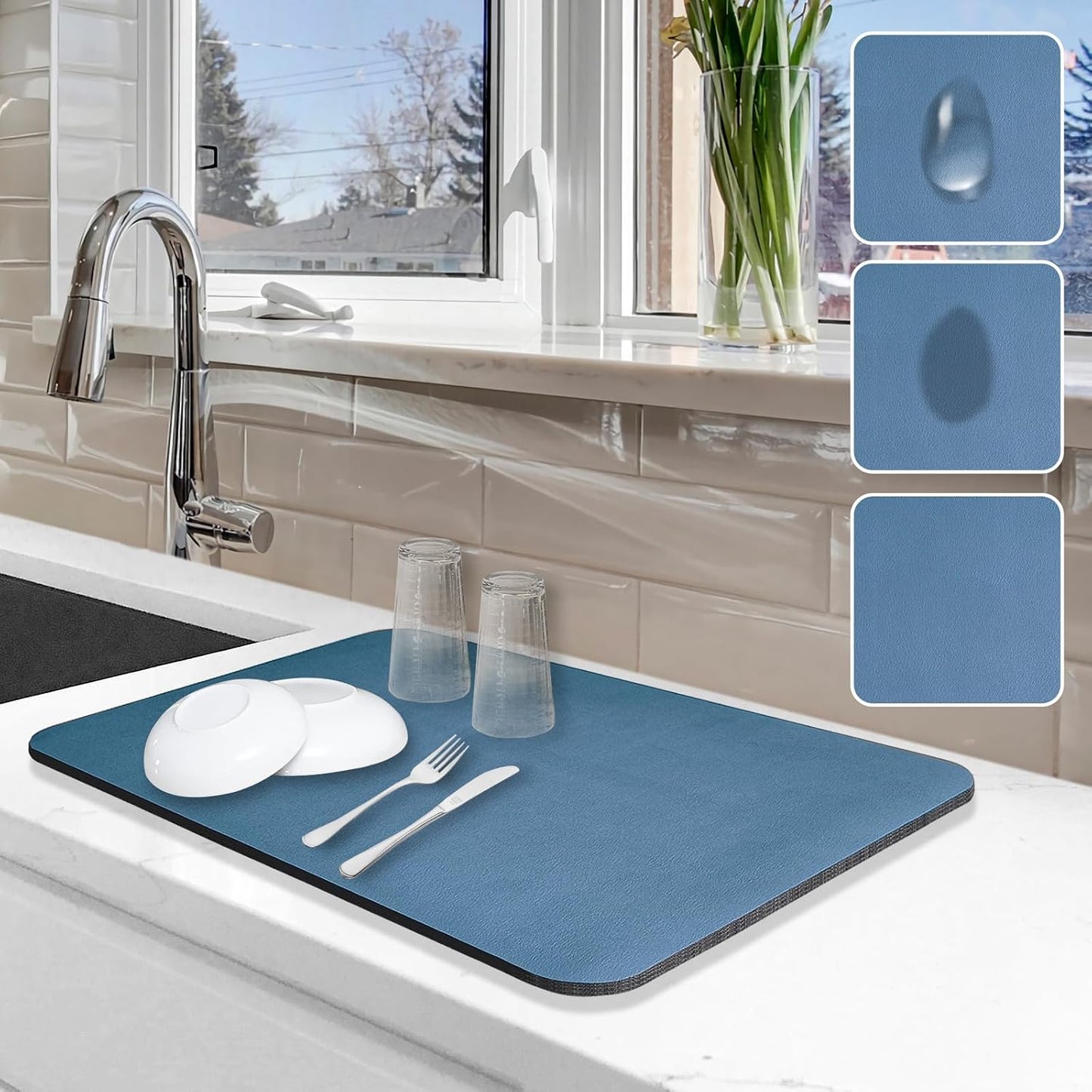 Dish Drying Mat for Kitchen Counter, 12"x19" Pad with Rubber Backed (Grey) | Hide Stain Anti Absorbent for Kitchen Counter, Non-slip Drying Mat for Coffee Machine Dish Rack