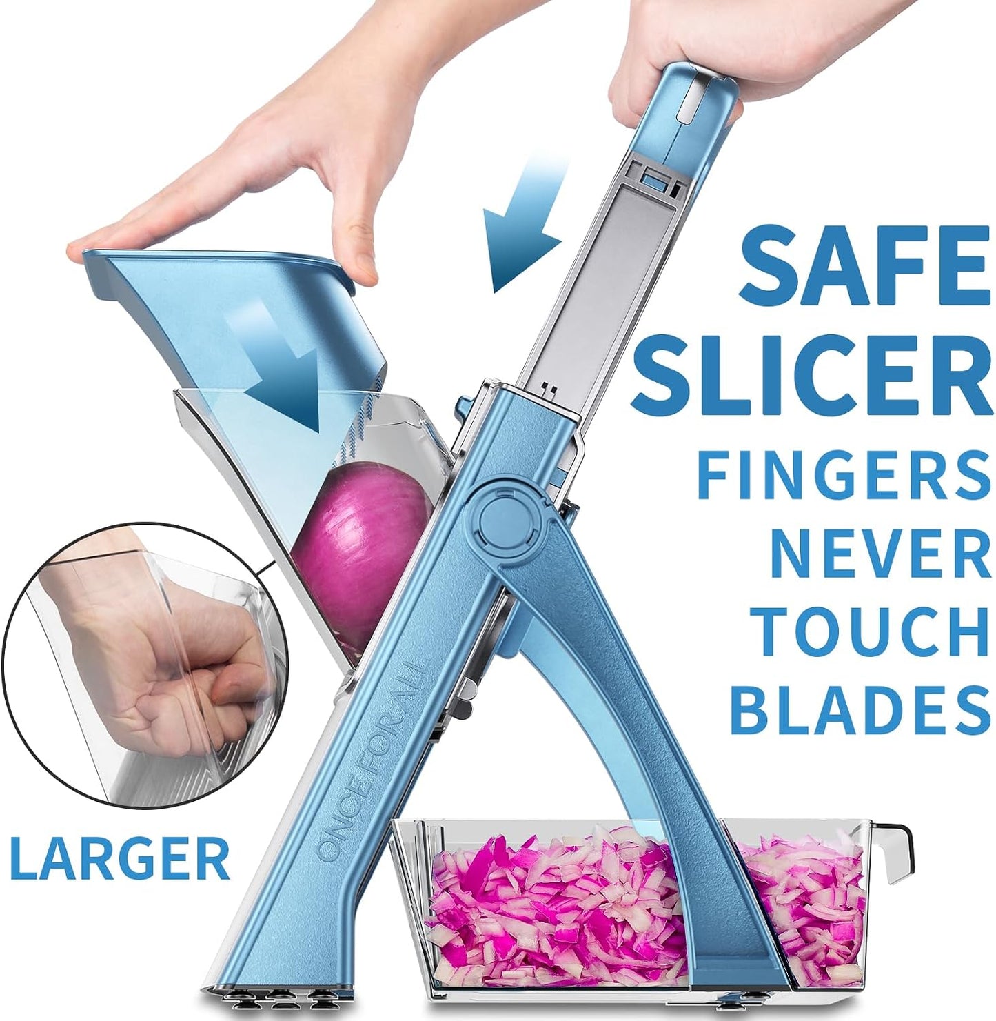 ONCE FOR ALL Upgrade Safe Mandoline Slicer Plus, Bigger Size, SkyBlue | 0.1-8mm Adjustable Vegetable Food Chopper, Potato Fries Cutter, Detachable Blade, Stainless Steel, Dishwasher-safe, Gift