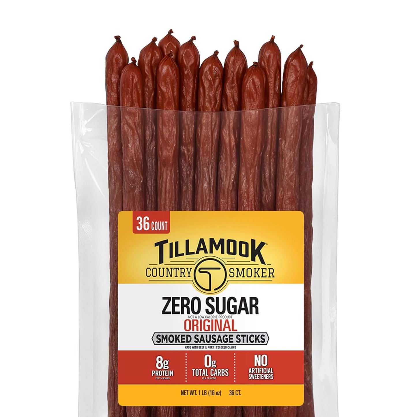 Tillamook Country Smoker Smoked Sausage, Zero Sugar, Original, 16 Ounce, 36 Count Meat Sticks