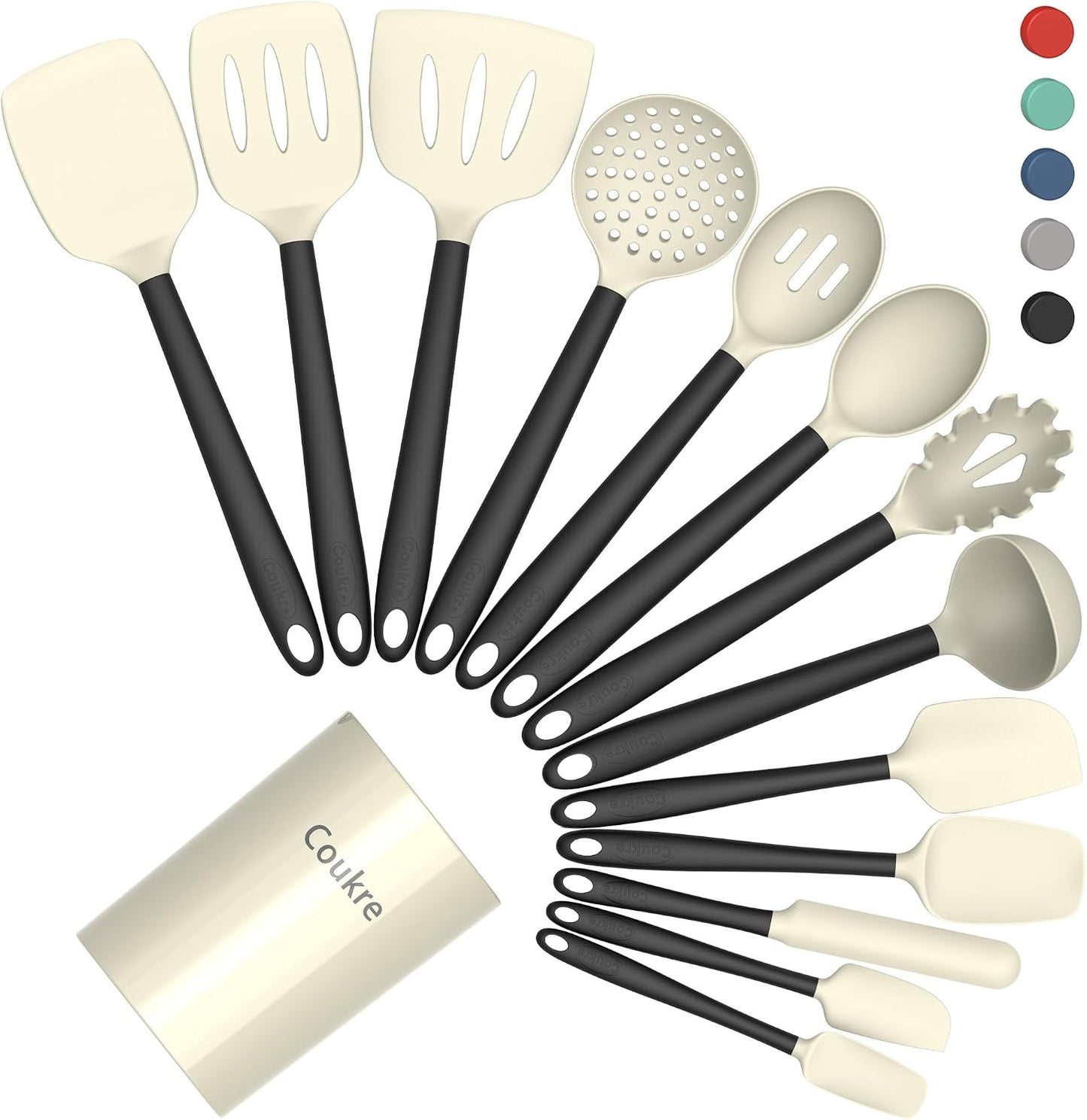 Coukre Silicone Kitchen Cooking Utensils Set, Heat Resistant, 14-Piece | Dishwasher-Safe, Food-Grade Silicone, BPA-Free, Spatulas, Spoons & Turner, Safe for Nonstick Cookware, Pure Black