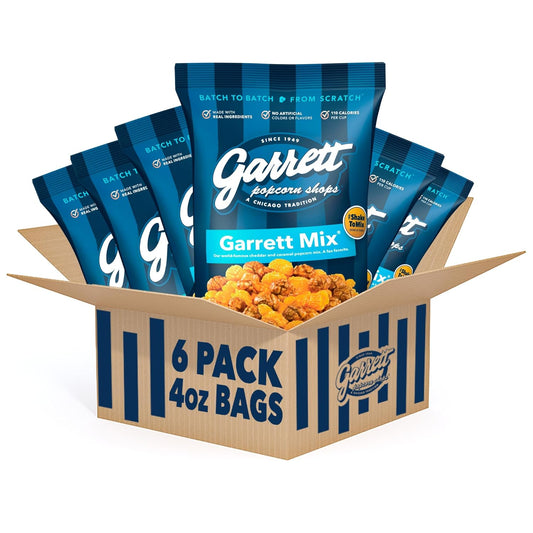 Garrett Popcorn Mix, 4 Ounce Bags, Pack of 6, Classic Chicago Style Cheese and Caramel Popcorn