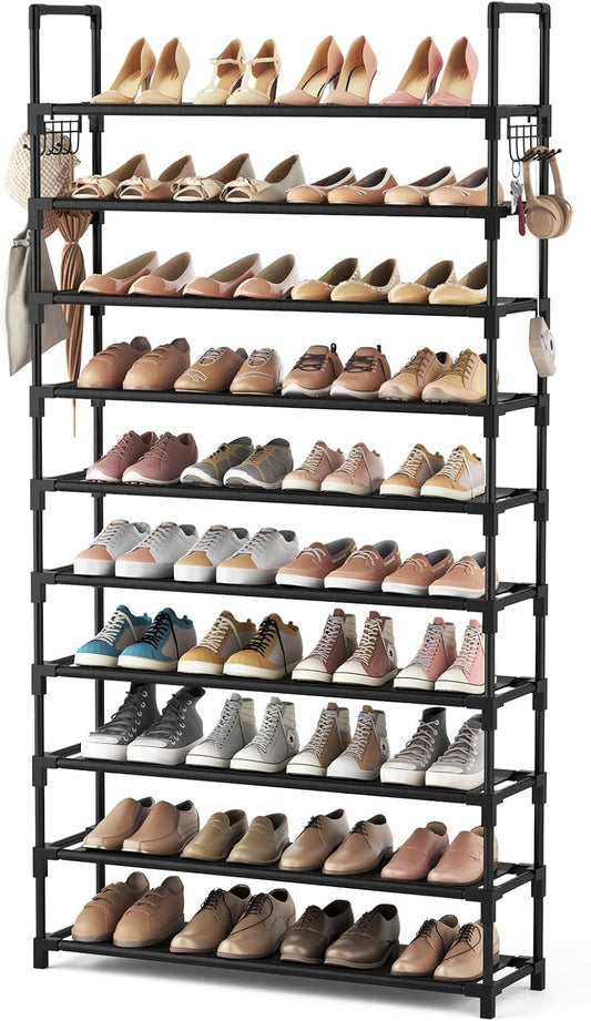 10-Tier Shoe Rack for Closet & Entryway – 50 Pair Large Capacity Shoe Organizer with Hooks & Anti-Fall Rails – Metal Frame Storage Shelf for Bedroom, Apartment, Hallway