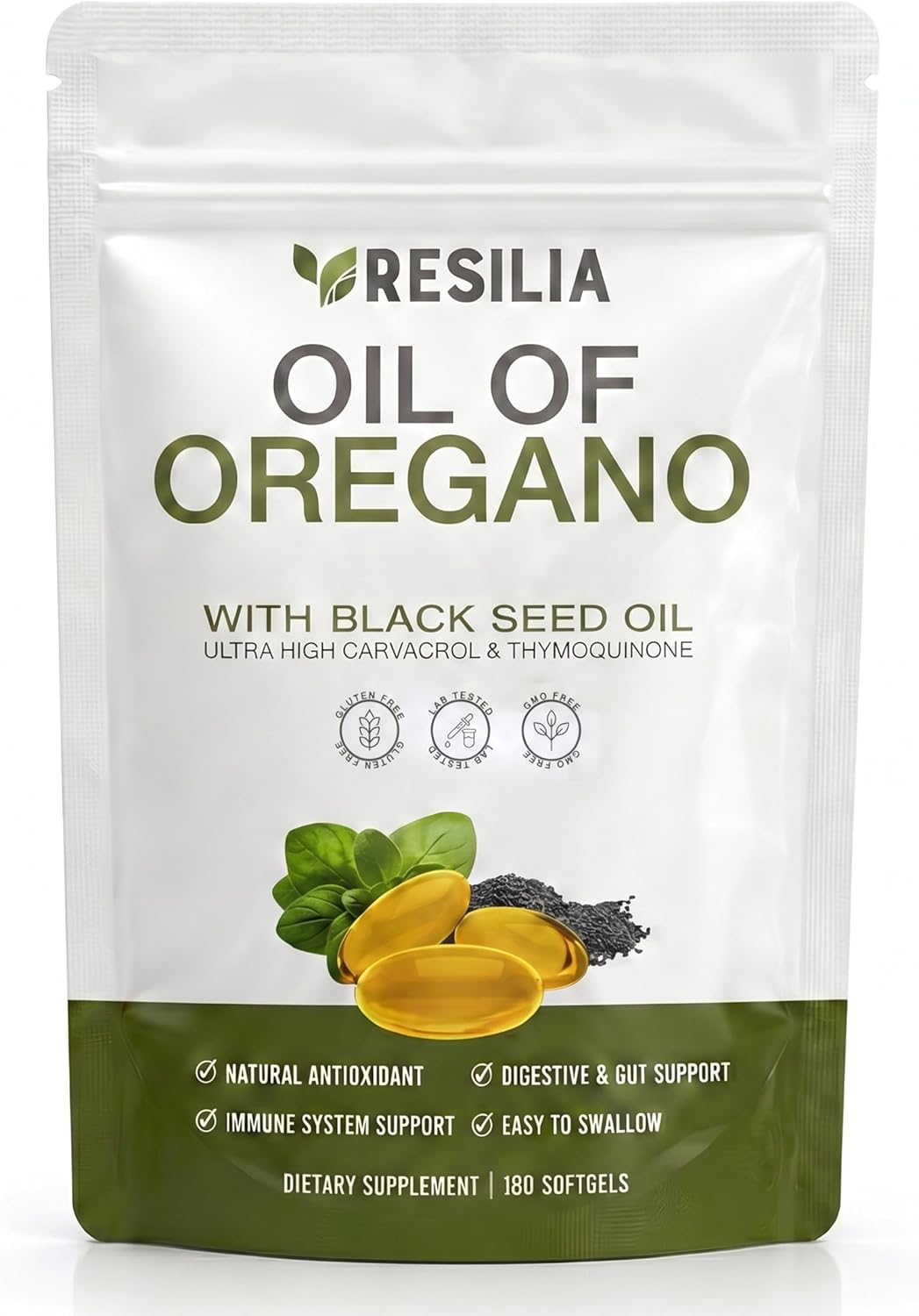 Resilia Softgels with Black Seed Oil 6000mg – Premium Grade Oregano Oil Capsules for Immune & Digestive Support – Non-GMO, Gluten-Free Softgels – Natural Herbal Wellness Supplement (60 Count)