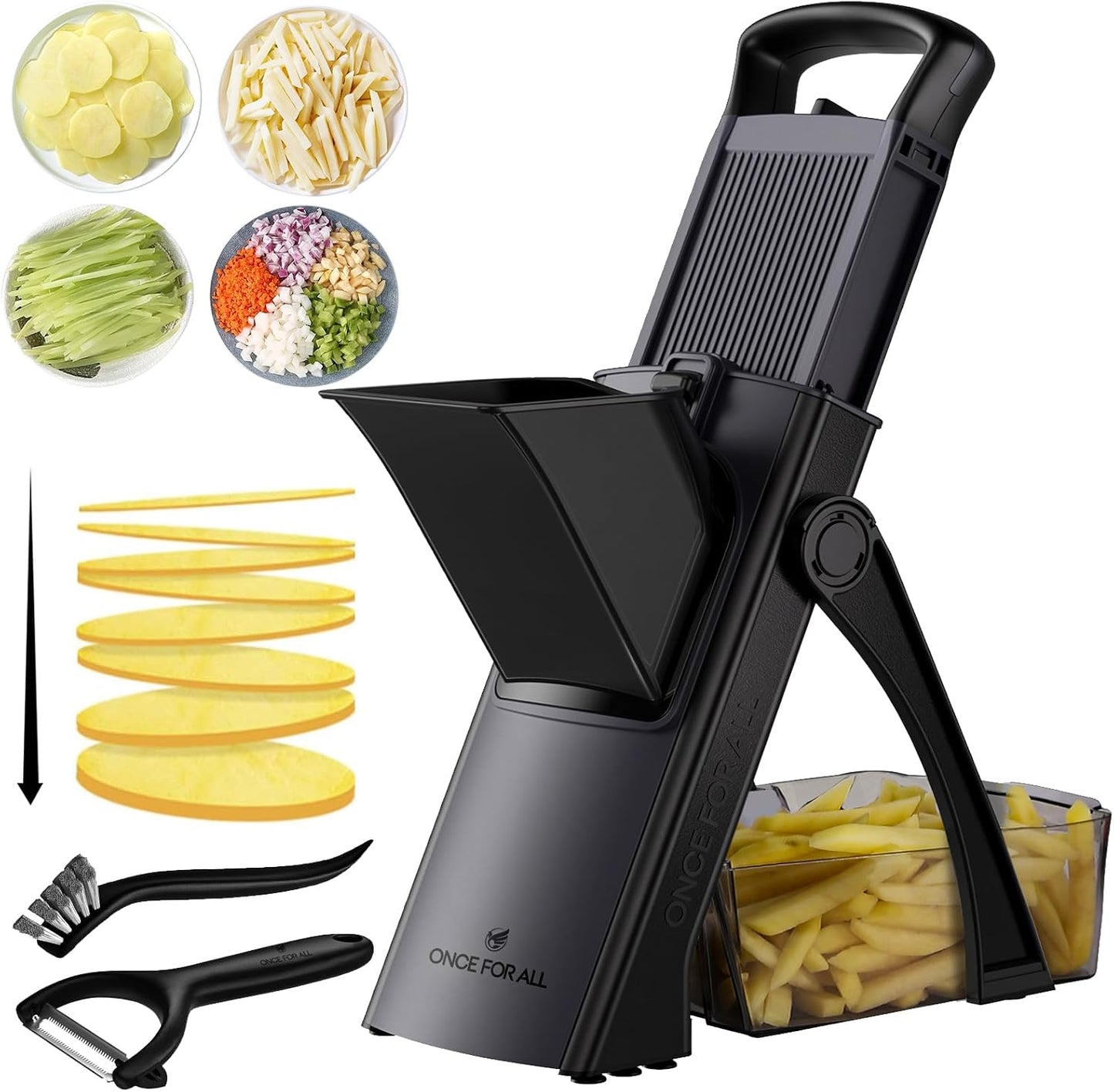 ONCE FOR ALL Upgrade Safe Mandoline Slicer Plus, Bigger Size, SkyBlue | 0.1-8mm Adjustable Vegetable Food Chopper, Potato Fries Cutter, Detachable Blade, Stainless Steel, Dishwasher-safe, Gift