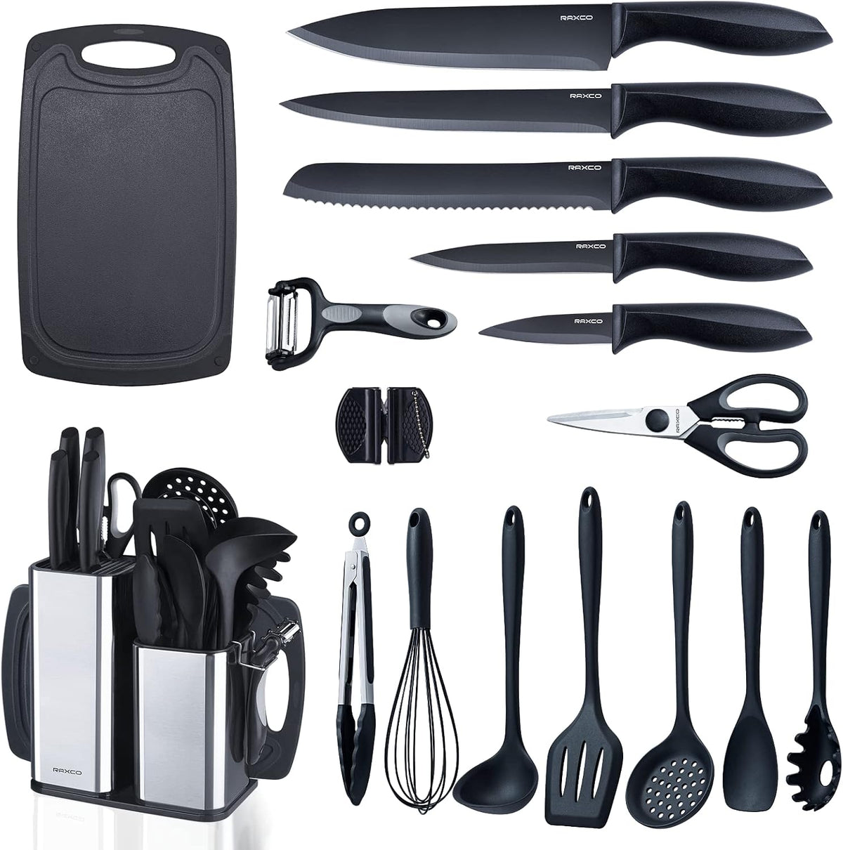 RAXCO Kitchen Utensils Set,18-Piece Cooking Utensils and Knife Set,Black | Food-grade Silicone Heat-safe to 410°F, Detachable Stainless Steel Holder, 5 Kitchen Knives and Cutting Board All-in-one
