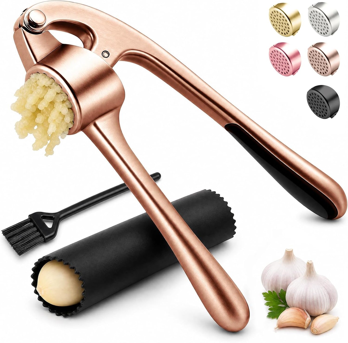 Kitchen Garlic Press, Rust Proof & Dishwasher Safe Garlic Mincer, Durable Garlic Crusher Set with Peeler＆Brush, Easy to Clean and Squeeze, Matte