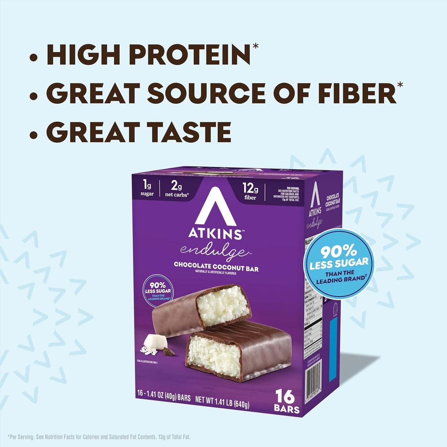 Atkins Endulge Chocolate Coconut Flavored Snack Bar, Low Sugar, High Fiber, 16 Count