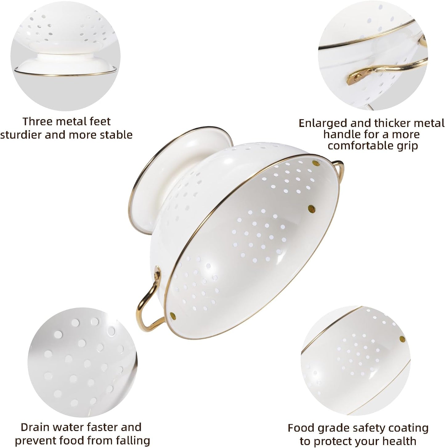 Metal Colander Set of 3, Strainer Basket with Handles perfect for Spaghetti, Pasta, Berry, Vegetable, Fruit, Solid Base Powder Coated Kitchen Essential Strainer Set, 1 & 3.5 & 5 Qt (Cream)