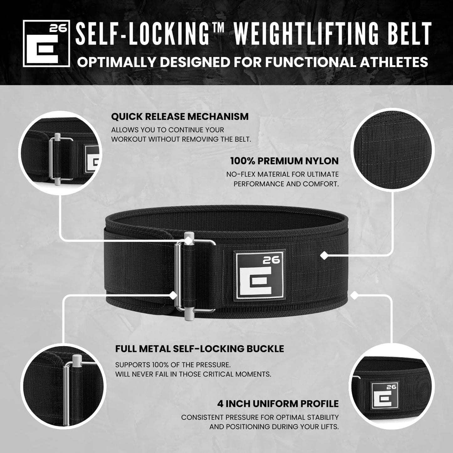 Element 26 Self-Locking Weight Lifting Belt - Premium Weightlifting Support for Functional Fitness