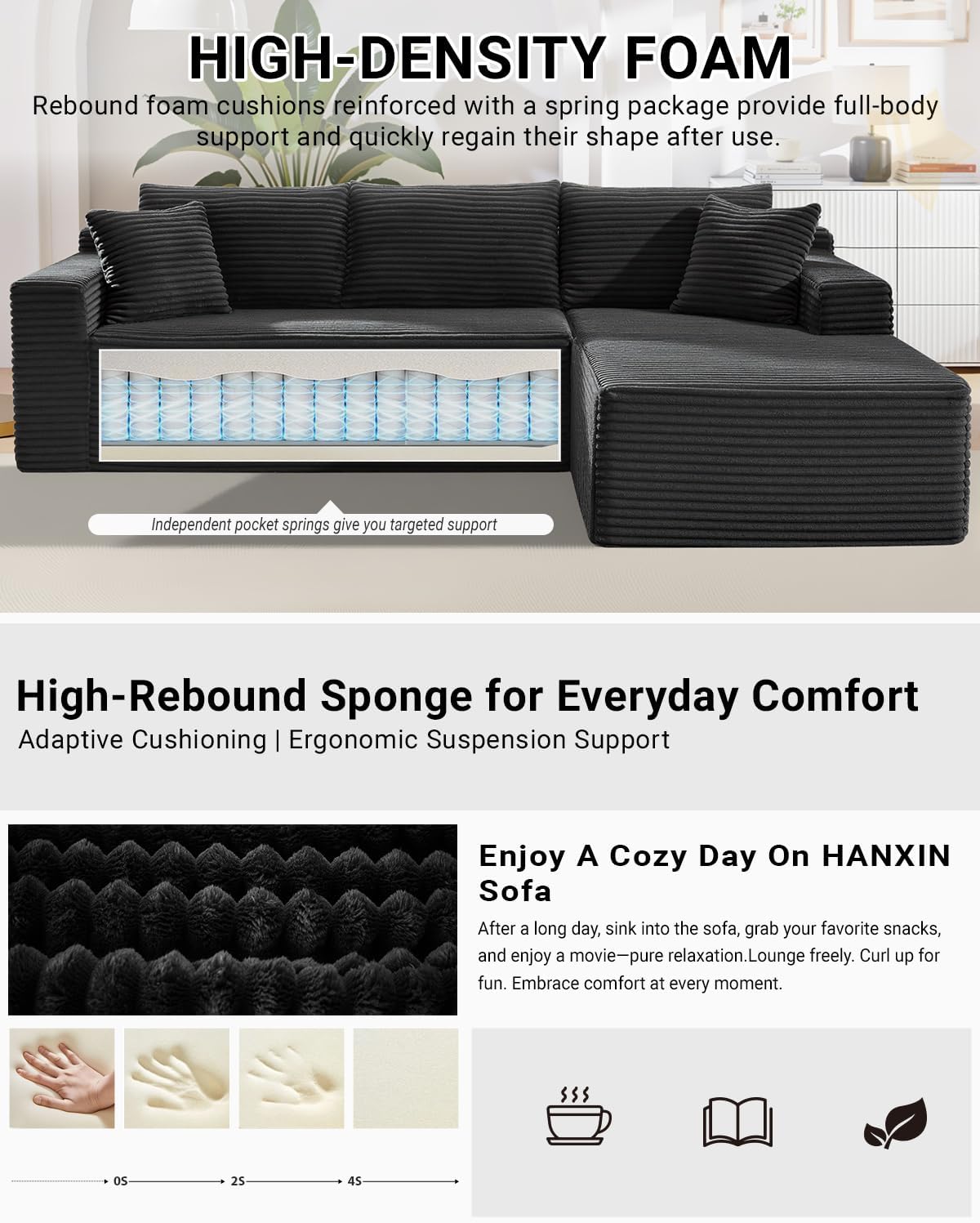 Cloud Sectional Couch,105 Inch Modular Sectional Sofa with Deep Seat,Modern Corduroy Boneless Couches with L-Shape Chaise for Living Room Bedroom,No Assembly Required (Black, Right Facing Chaise)