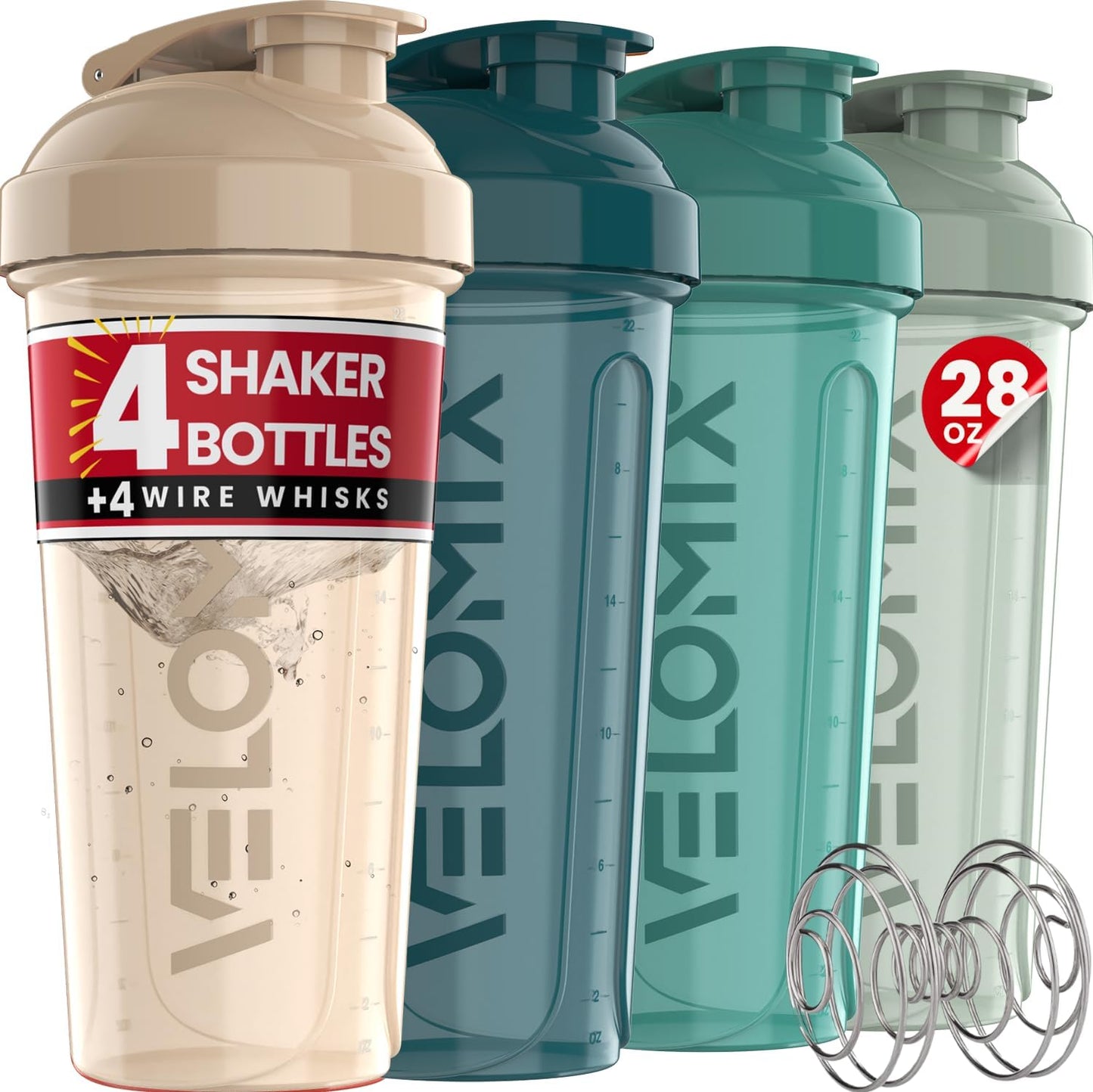 VELOMIX 28 Oz Protein Shaker Bottle, 4-Pack, Leak-Proof, Dishwasher Safe