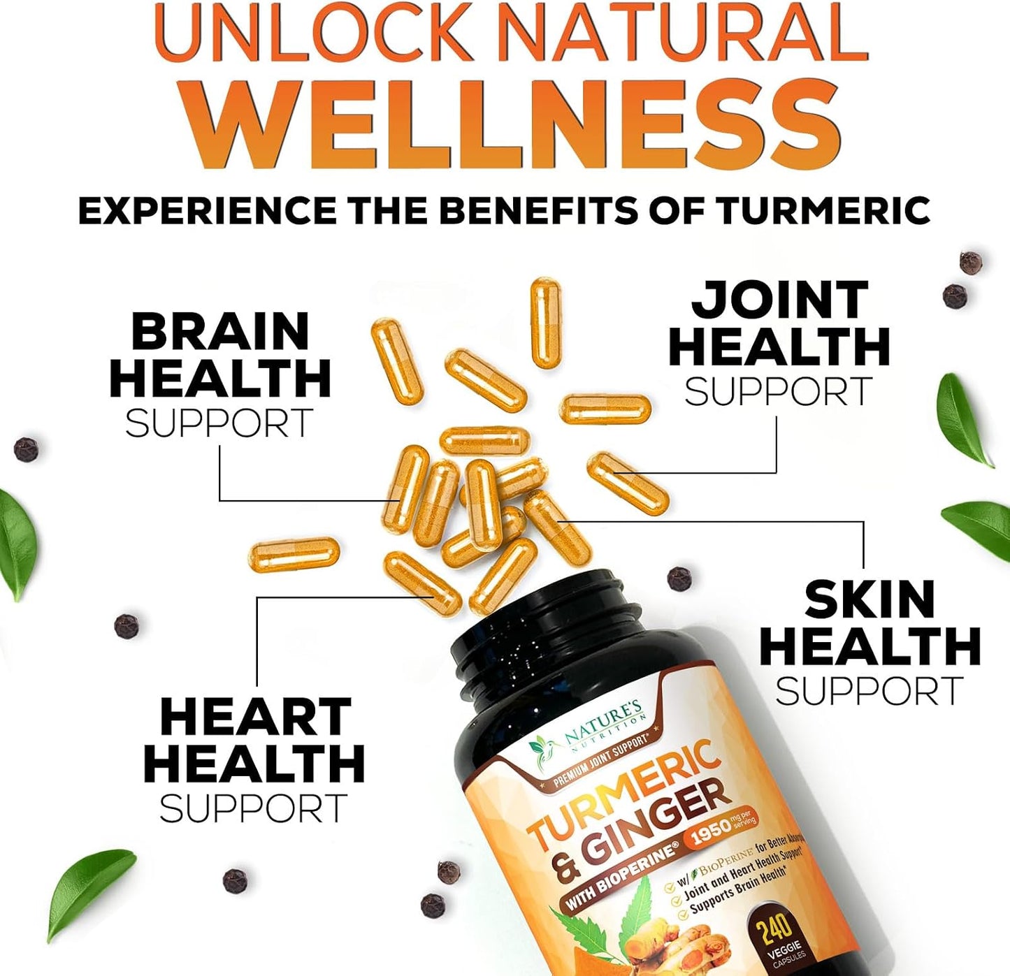 Turmeric Curcumin Supplement - 95% Curcuminoids with Organic Turmeric & Ginger, BioPerine Black Pepper Extract for Best Absorption, Natural Vegan Joint Support, Non-GMO, Bottled in USA - 240 Capsules
