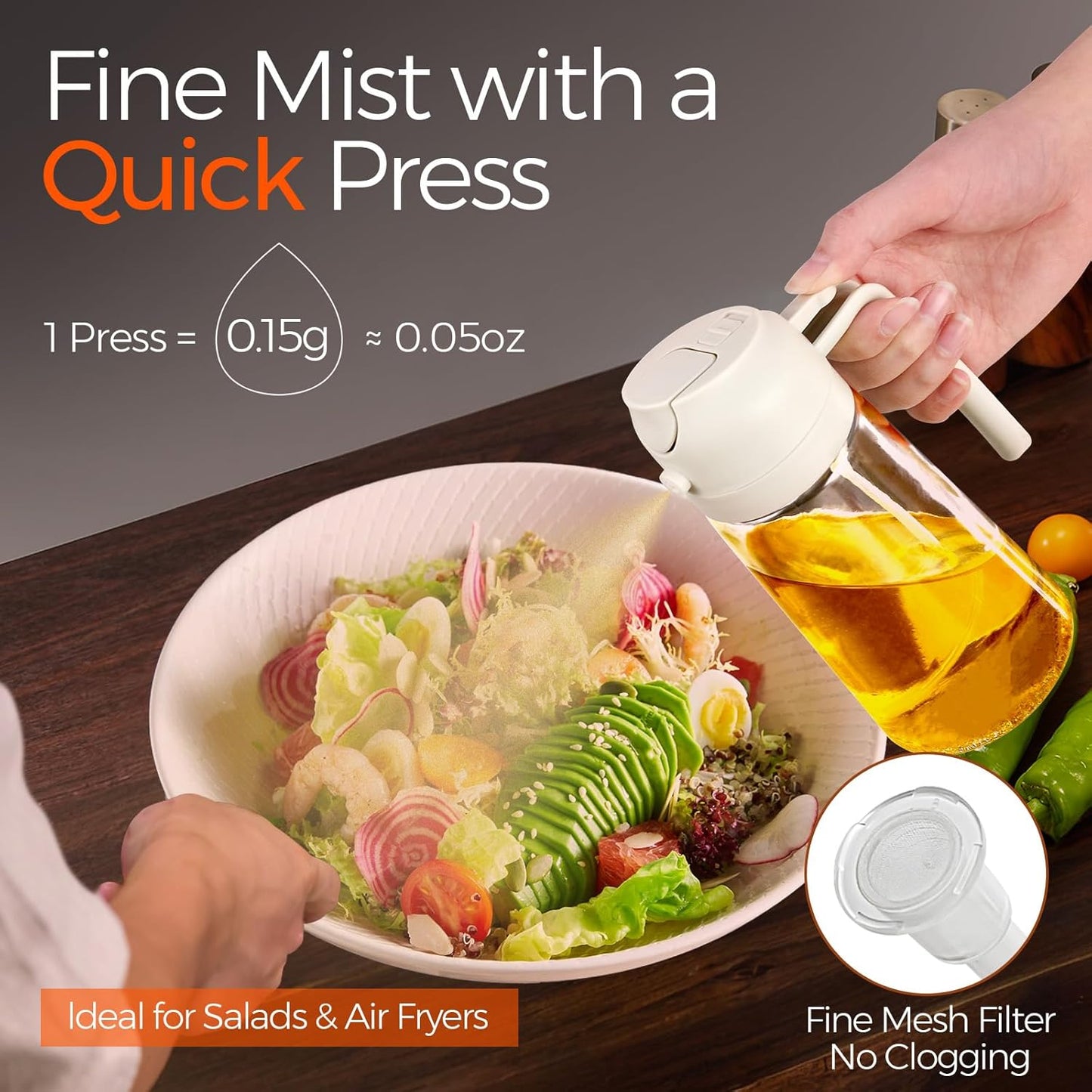 YARRAMATE 16 oz 2-in-1 Glass Olive Oil Sprayer for Cooking, Creamy White | Food-grade dispenser bottle, 470 ml, spray and pour, portion control, stickers included, for salad, frying and BBQ
