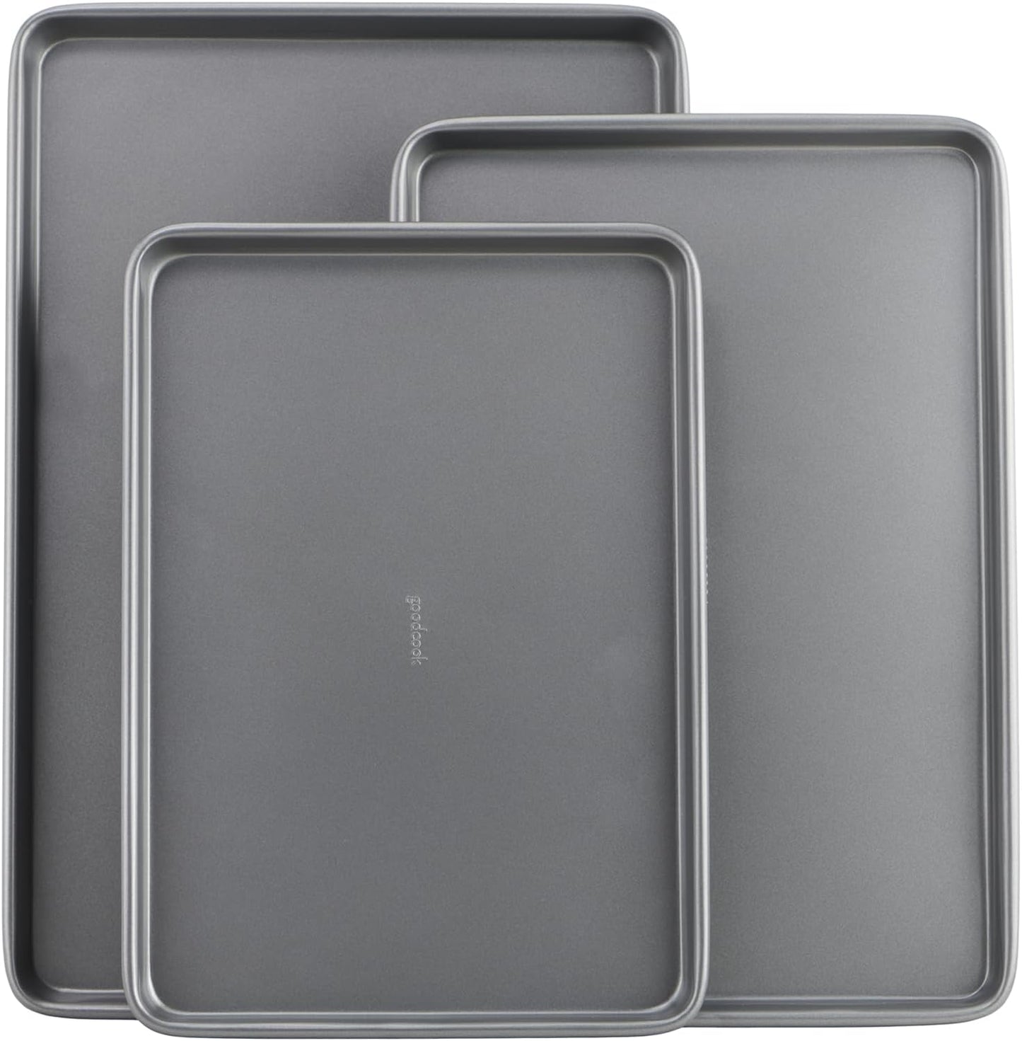 GoodCook Everyday Nonstick Baking Sheet Set, 3 Pack Includes Small (13×9) Medium (15×1) and Large (17×11) Pans Carbon Steel Construction Cookie Sheets Bakeware Set, Gray
