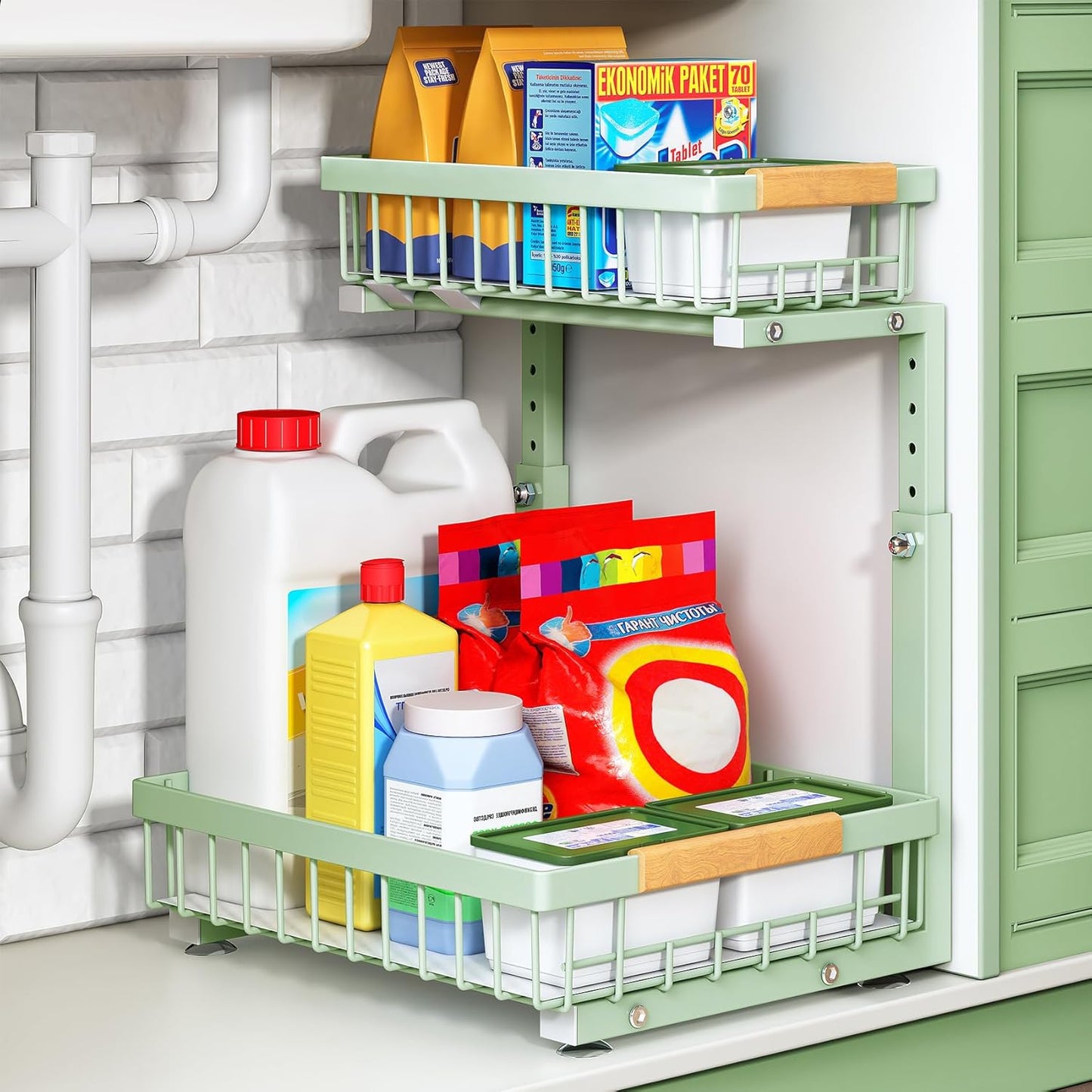 Kitstorack Under Sink Organizer, 2 Tier Under the Sink Storage, Slide out Pull out Cabinet Organizer Shelf, Metal Sliding Drawer for Kitchen Bathroom Pantry Closet Organization Rack, Black, 2 Pack