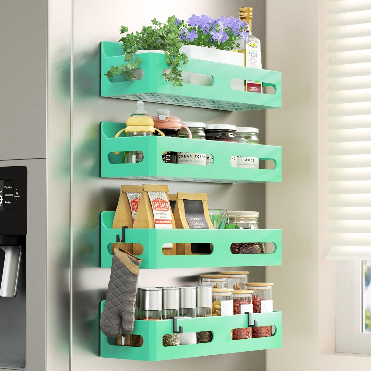 Sevenblue 4-Pack Magnetic Spice Rack for Refrigerator with Hooks, Black | Strong multipurpose magnetic shelf for kitchen & bathroom organization. Includes 4 removable hooks for hanging items.