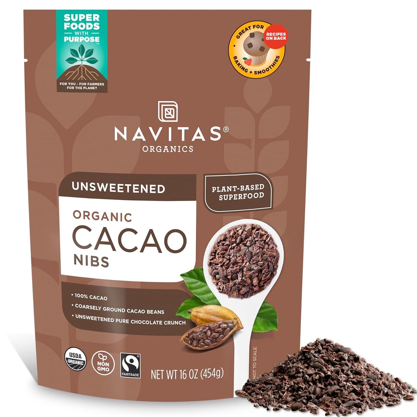 Navitas Organics Cacao Nibs – Unsweetened Dark Chocolate Crunch – Antioxidants, Minerals, Fiber – For Trail Mix, Baking & More – USDA Organic, Fairtrade, Non GMO, Gluten Free, Non-alkalized (16oz. Bag 151 Servings)