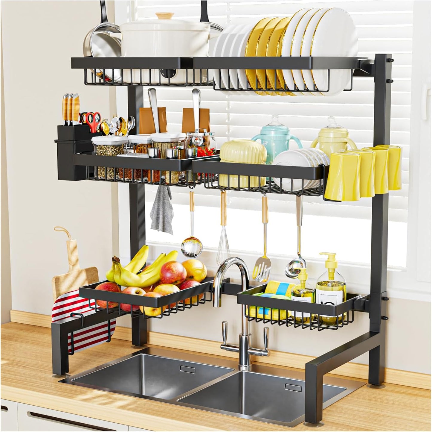 SNSLXH 4 Baskets 2-Tier Over The Sink Dish Drying Rack, 26.57"-35" | Large Dish Drying Rack for Kitchen, Extensible and Adjustable, Saving Kitchen Space